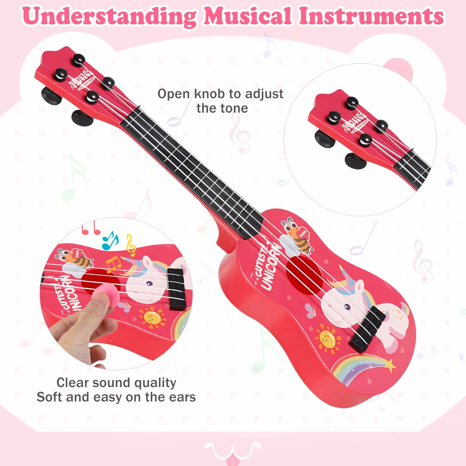 Guitarra de Juguete para Niños - 42cm con 4 Cuerdas Ajustables - Ukelele Música Juguete para Pequeños Principiantes Niñas
