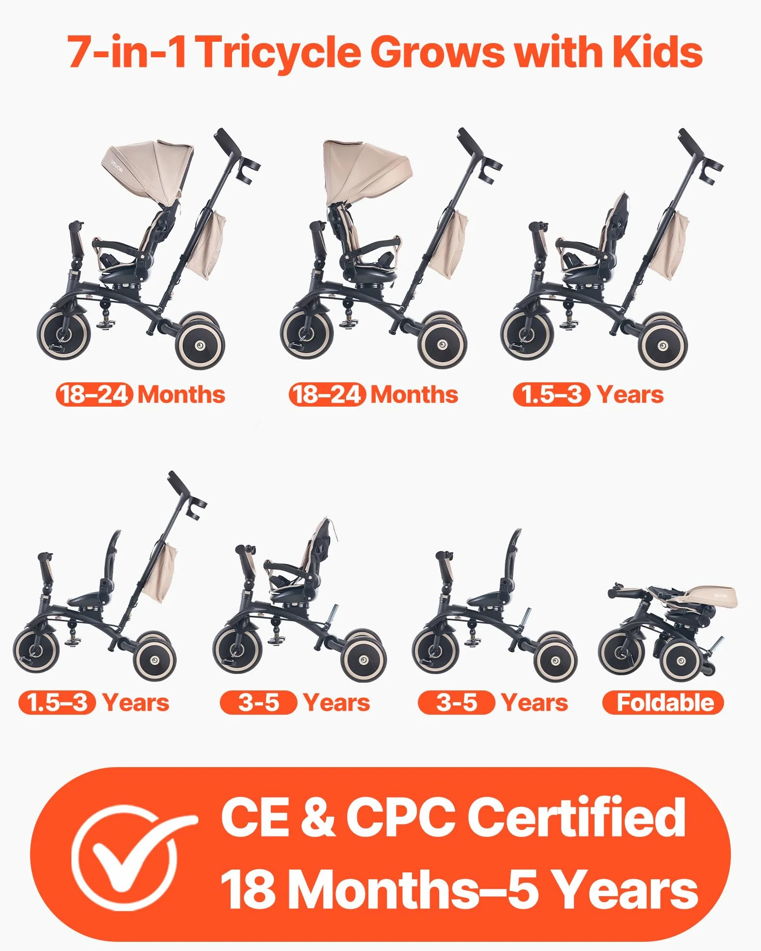VEVOR Triciclos Plegable para Niños de 1,5 a 5 Años, Triciclo Infantil con Manillar de Empuje, Capota, Asiento Giratorio, Espacio de Almacenamiento, Cuadro de Acero al Carbono, Caqui y Negro