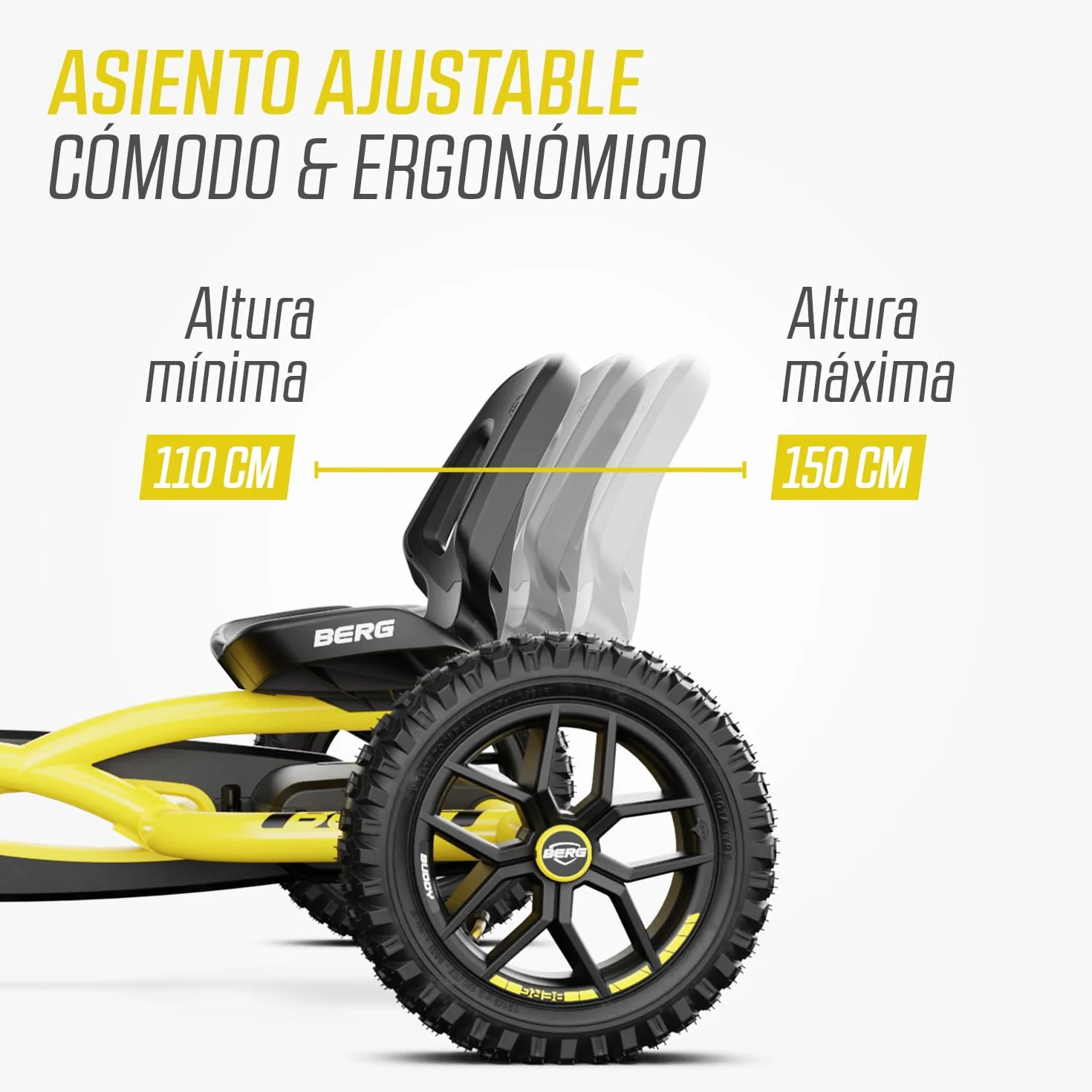BERG Kart a Pedales Buddy Cross | Amarillo, 3-8 años, cuadro resistente, asiento regulable, volante regulable