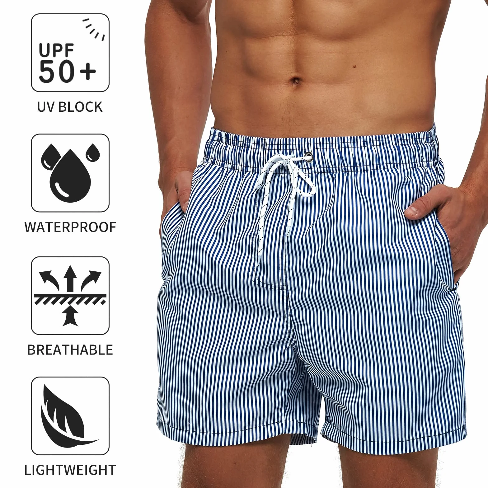 Bañador Hombre Natacion Transpirable Secado Rápido 3 Bolsillos Forro Malla Cordón Ajustable
