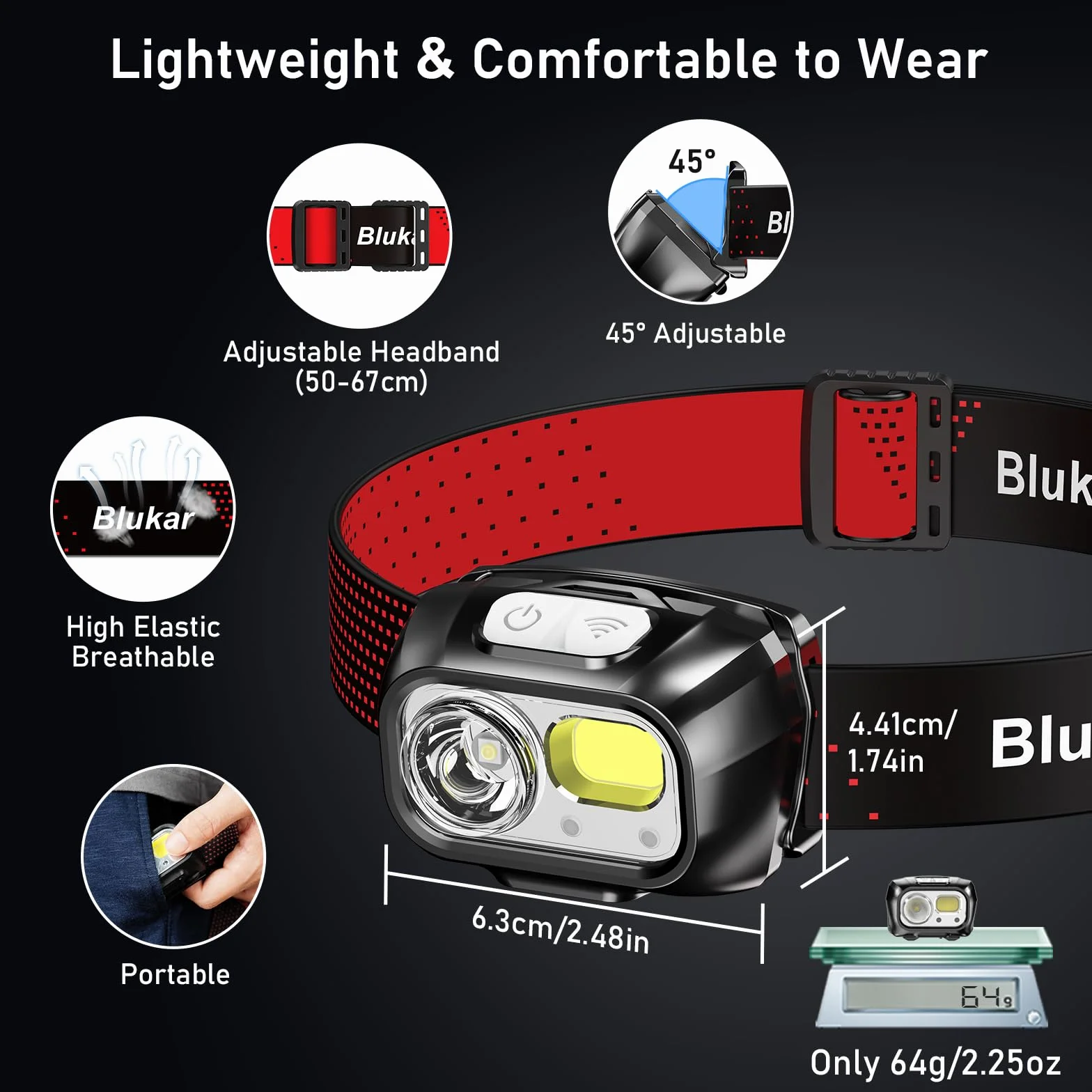 Blukar Linterna Frontal LED Recargable 2 Piezas Sensor Movimiento Ajustable 8 Modos Luz Roja Camping Correr Negro