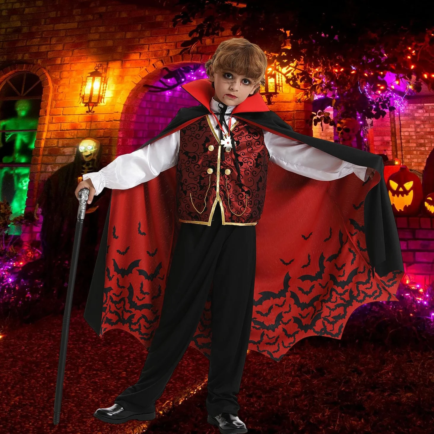 Disfraz de vampiro para niños, disfraz gótico de Halloween con accesorios de lujo, bastón que brilla en la oscuridad, dientes CA002XS