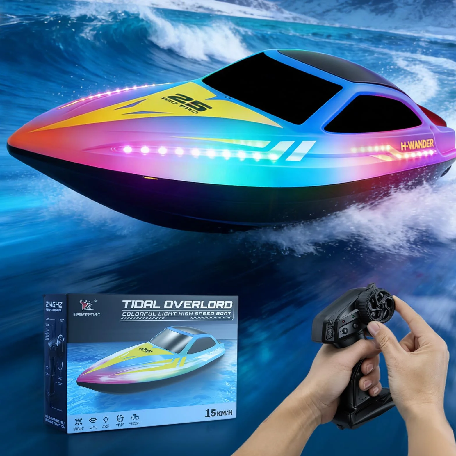 Paquete de 2 botes teledirigidos con luz LED y 2 baterías, 24 km/h, barcos de carreras de 2,4 GHz para piscinas y lagos, juguetes de agua de verano, regalo para niños de 8 a 12 años para piscinas y