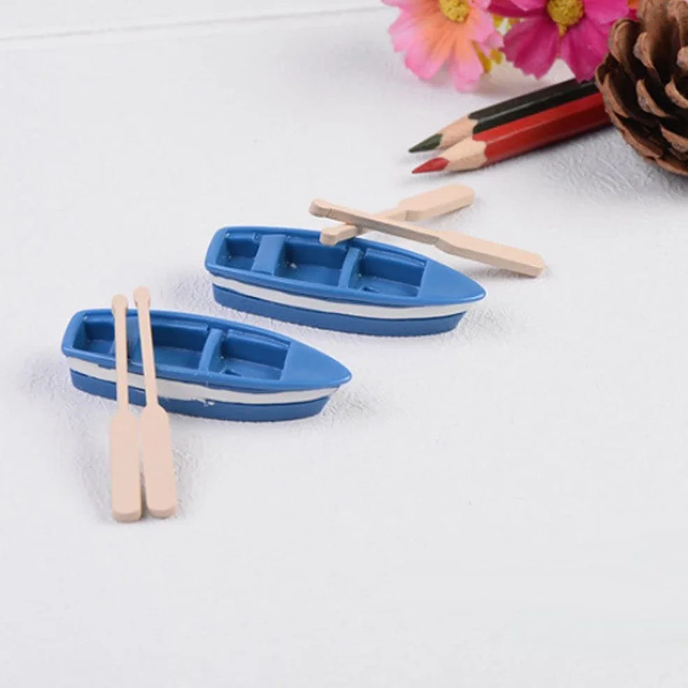 zalati Mini barco de pesca con remo, 2 piezas en miniatura de micro paisaje con palas, adornos para decoración de construcción de piscina de casa de juguete