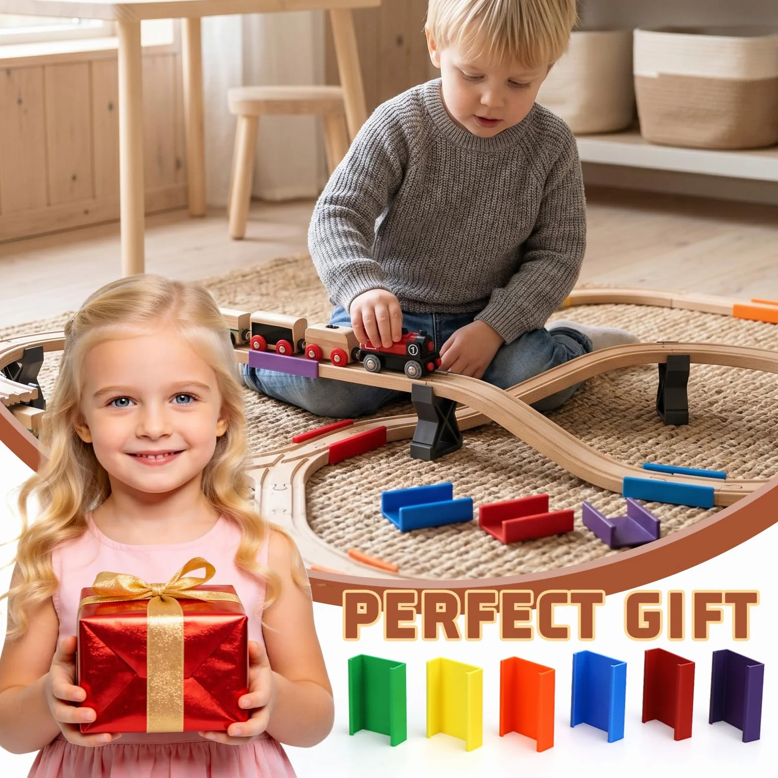 6 Piezas Rails Du Train Adaptador De Vía De Tren De Madera Piezas De Conector Universal Vías de Tren de Madera Adaptador de Puente Juguetes Educativos para Niños