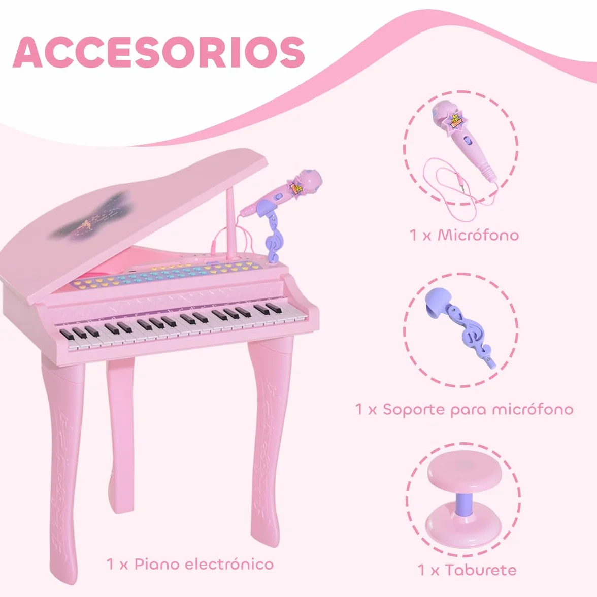 HOMCOM Piano Infantil 37 Teclas Teclado Electrónico Piano para Niños con Micrófono Taburete Luces y 22 Canciones USB/MP3 Karaoke Modo de Enseñanza Rosa