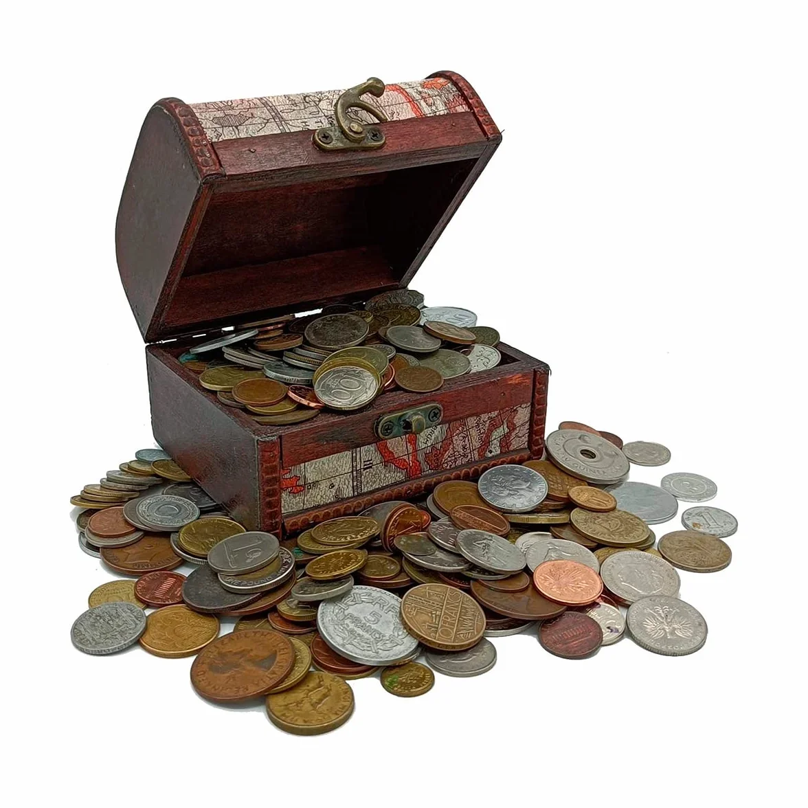 IMPACTO COLECCIONABLES | 1 kg de Monedas del Mundo Auténticas en Cofre de Madera – Gran Variedad de Monedas Antiguas para Ampliar tu Colección – Incluye Certificado de Autenticidad