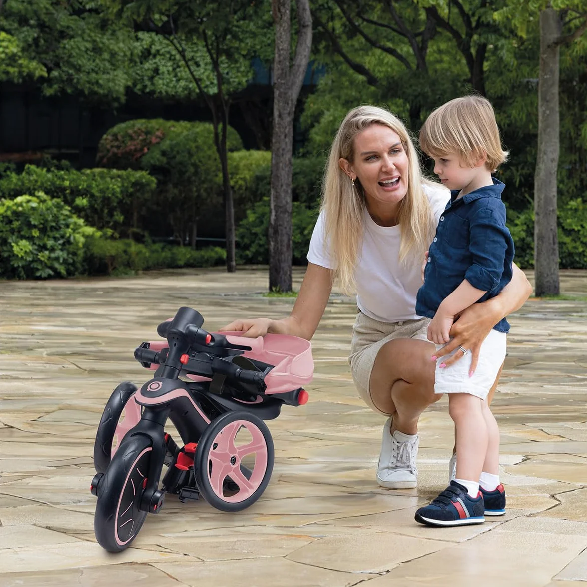 Globber Tricycle Explorer 4 en 1 - Triciclo Plegable y escalable en draisiana para niños de 10 Meses a 5 años - Pastel Rose
