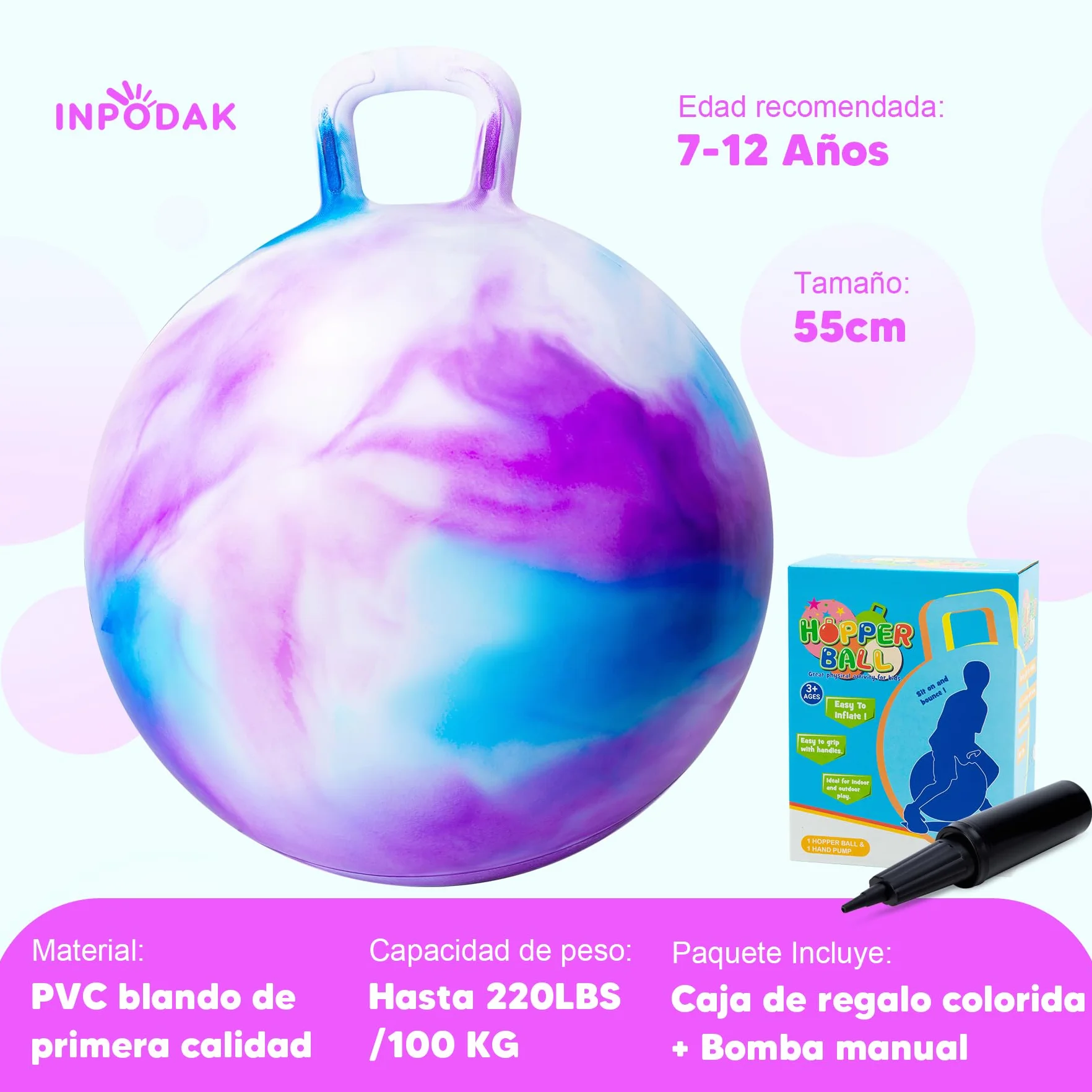 INPODAK Pelotas Saltarinas para Niños,Bola Hopper de 22 Pulgadas,Pelota Saltarina con Asa,Pelotas Saltarinas Inflables,Space Hopper para Niños de 7 a 12 Años,Juguetes Saltarines para Ninos