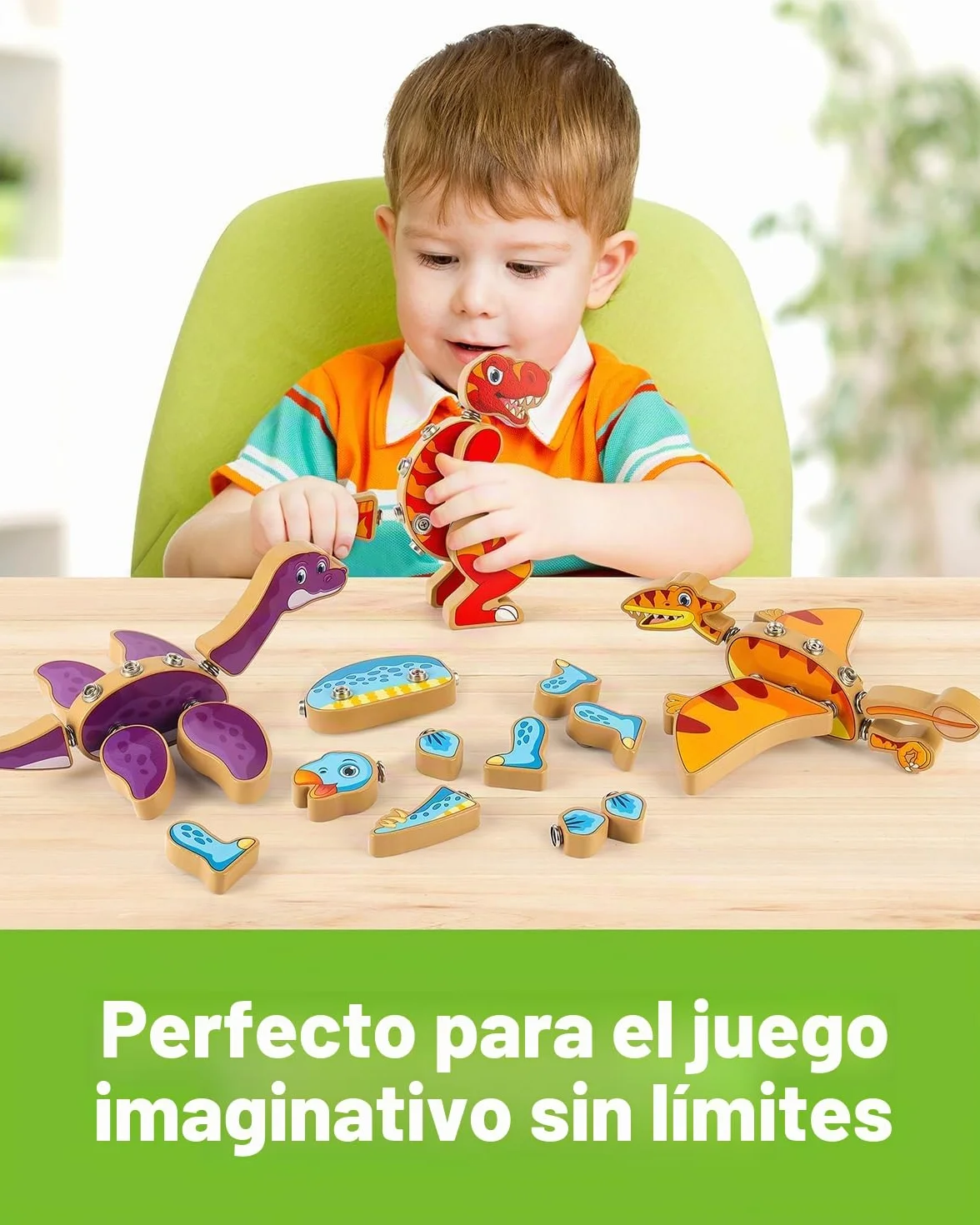 Coogam Juguetes de construcción de dinosaurio a presión, juego de dinosaurio de madera desmontable, STEM Montessori, juguete educativo de habilidades motoras finas, regalo para niños de 3, 4, 5 años