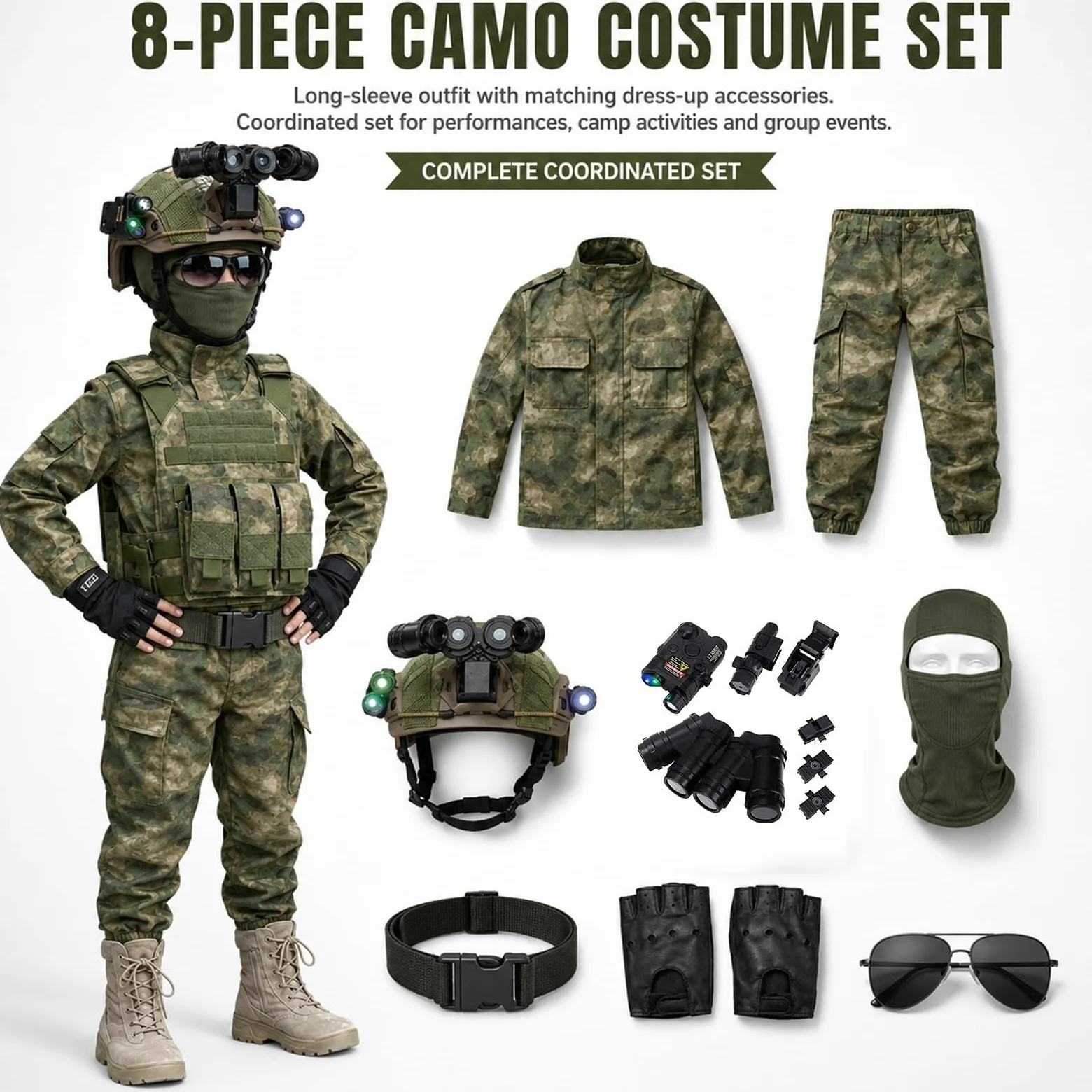 Disfraz Infantil 8 Piezas Con Casco Modular Y Accesorio De Cuatro Lentes | Camiseta Larga Pantalón Cinturón Guantes Pasamontañas Gafas En 65% Poliéster 35% Algodón