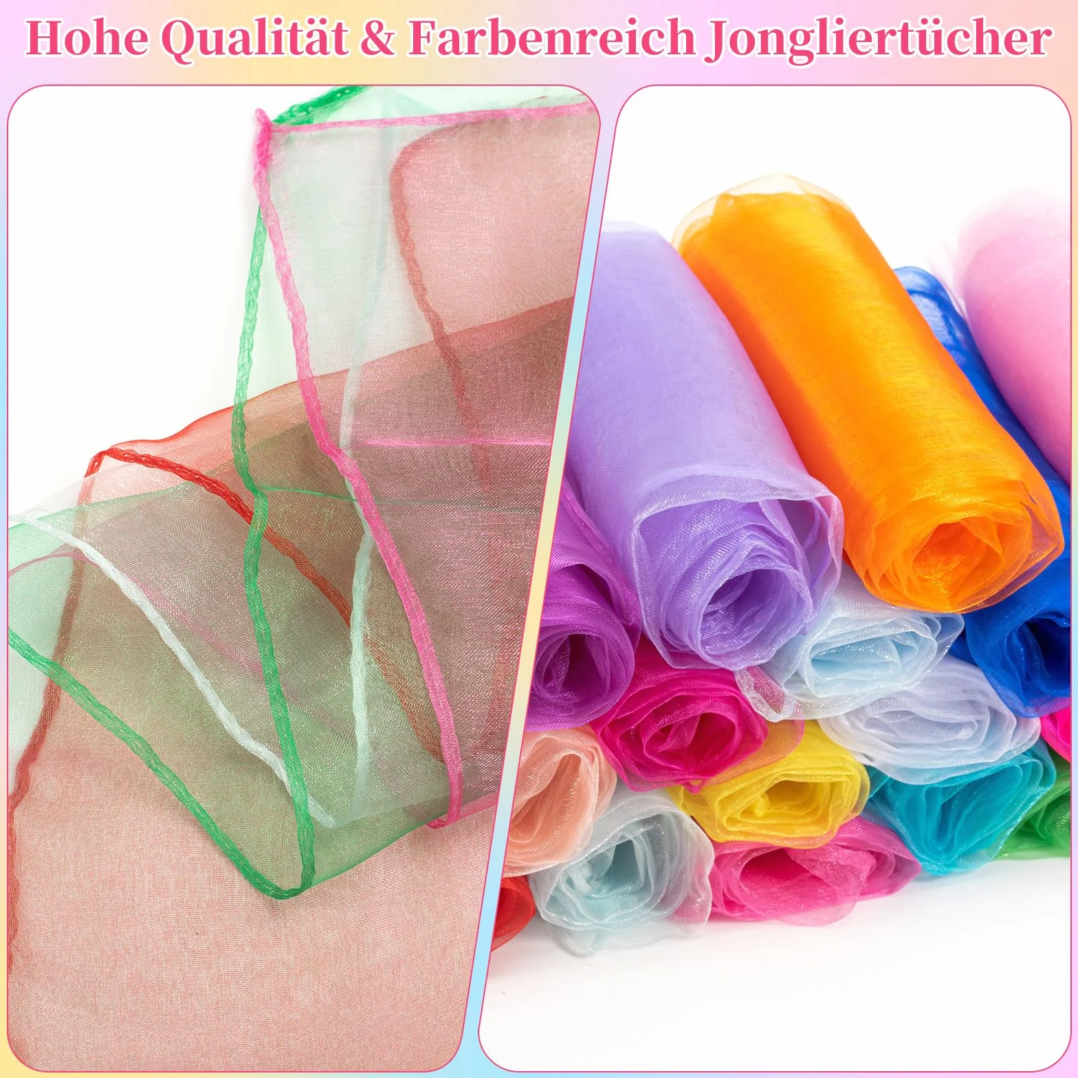 Kunoli 24 piezas de pañuelos para malabares para niños, pañuelos coloridos para bebés, 60×60 cm cuadrados, pañuelos coloridos para niños, adecuados para actuaciones infantiles como danza, fiestas