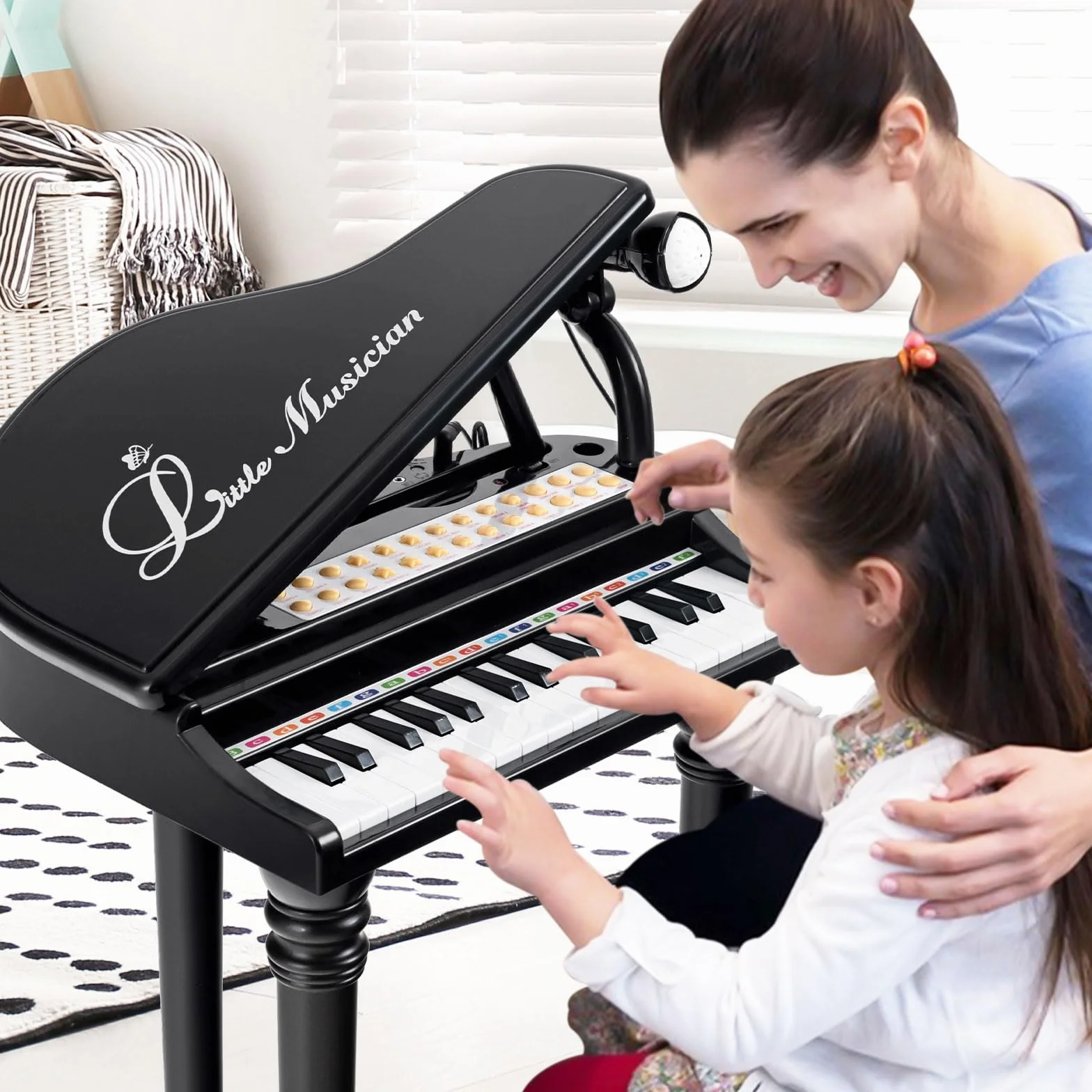 RELAX4LIFE Piano para niños con 31 teclas y taburete, teclado piano electrónico con micrófono ajustable, juguete musical regalo para niños a partir de 3 años (negro)