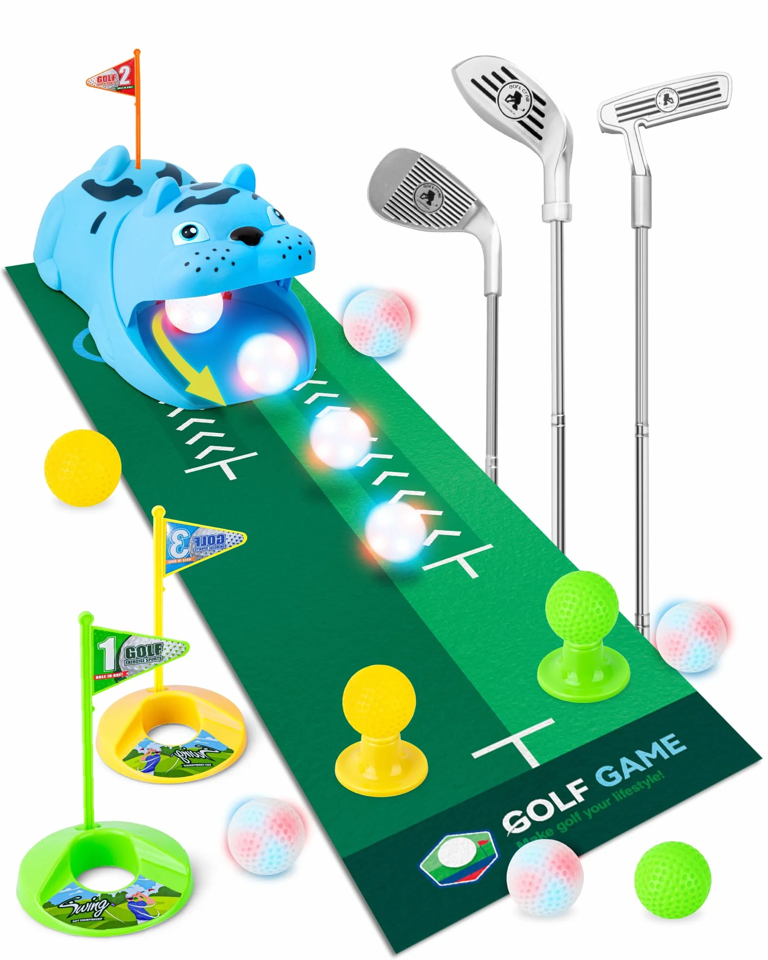 Set de Mini Golf para Niños con Devolvedor Automático de Bolas, Juegos de Golf Interior y Exterior con Pelotas Noctilucent Luminosa LED, 3 Palos Telescópicos, Regalo para Niños y Niñas desde 3 Años