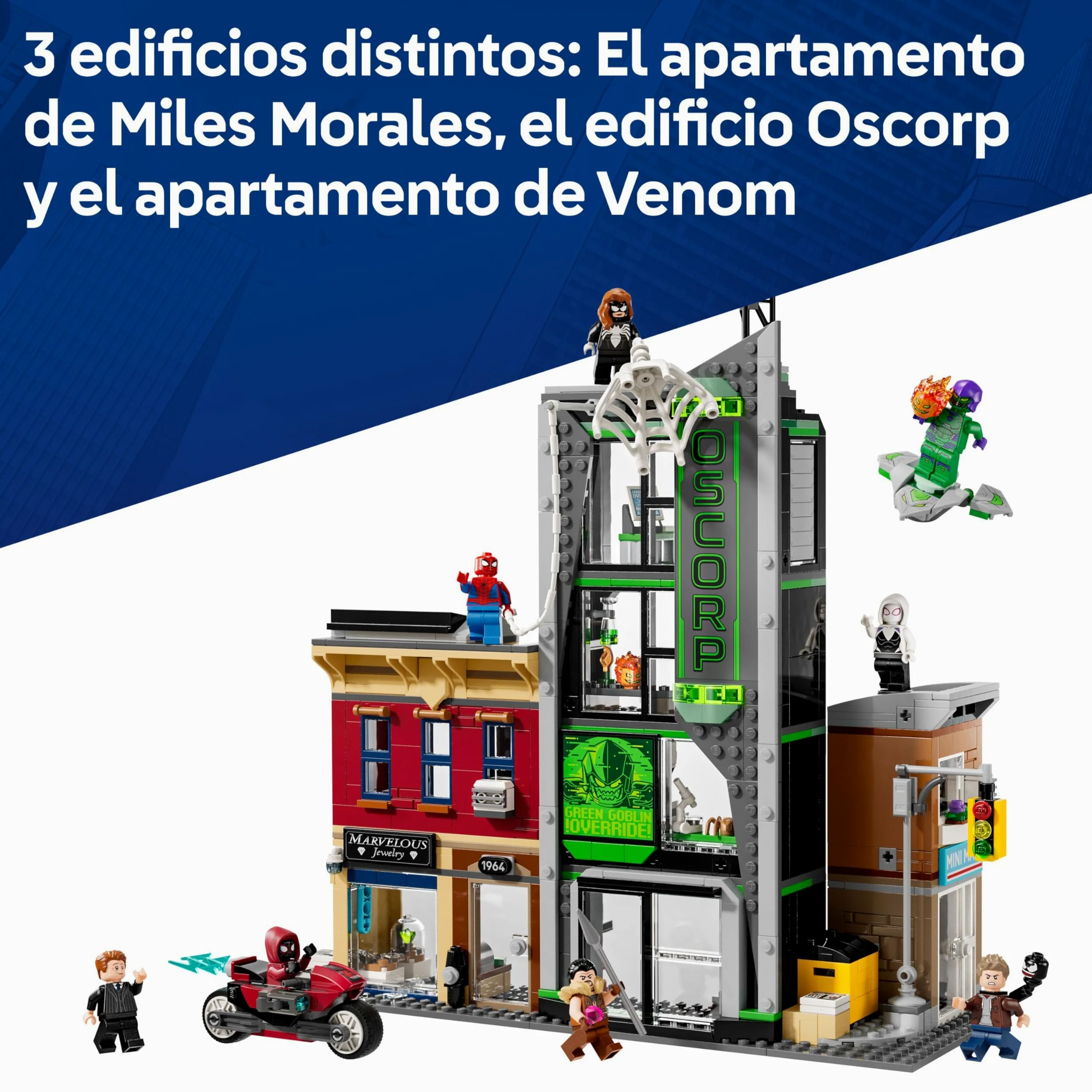 LEGO ǀ Marvel Spider-Man vs. Oscorp - Juguete Interactivo con Moto, 8 Minifiguras Inc. Miles Morales, Duende Verde y Spider-Woman - Regalo de Superhéroes para Niños de 10+ Años y Fans 76324