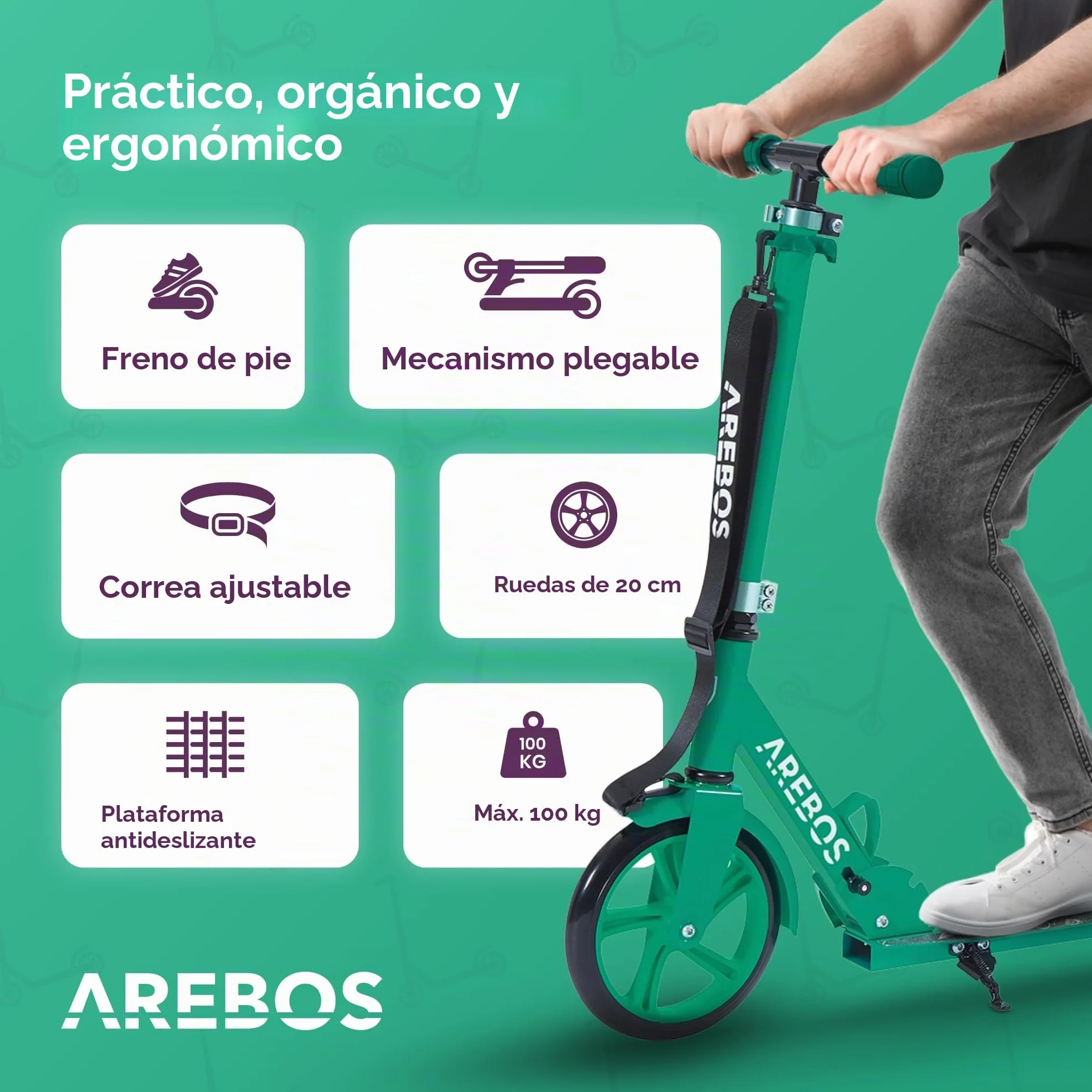 Arebos City Scooter Patinete a Pedales Patinete Regulable en Altura | Plegable | Incl. Correa de Transporte | Ruedas XXL | Freno de Pedal |para niños y Adultos |100kg de Capacidad de Carga