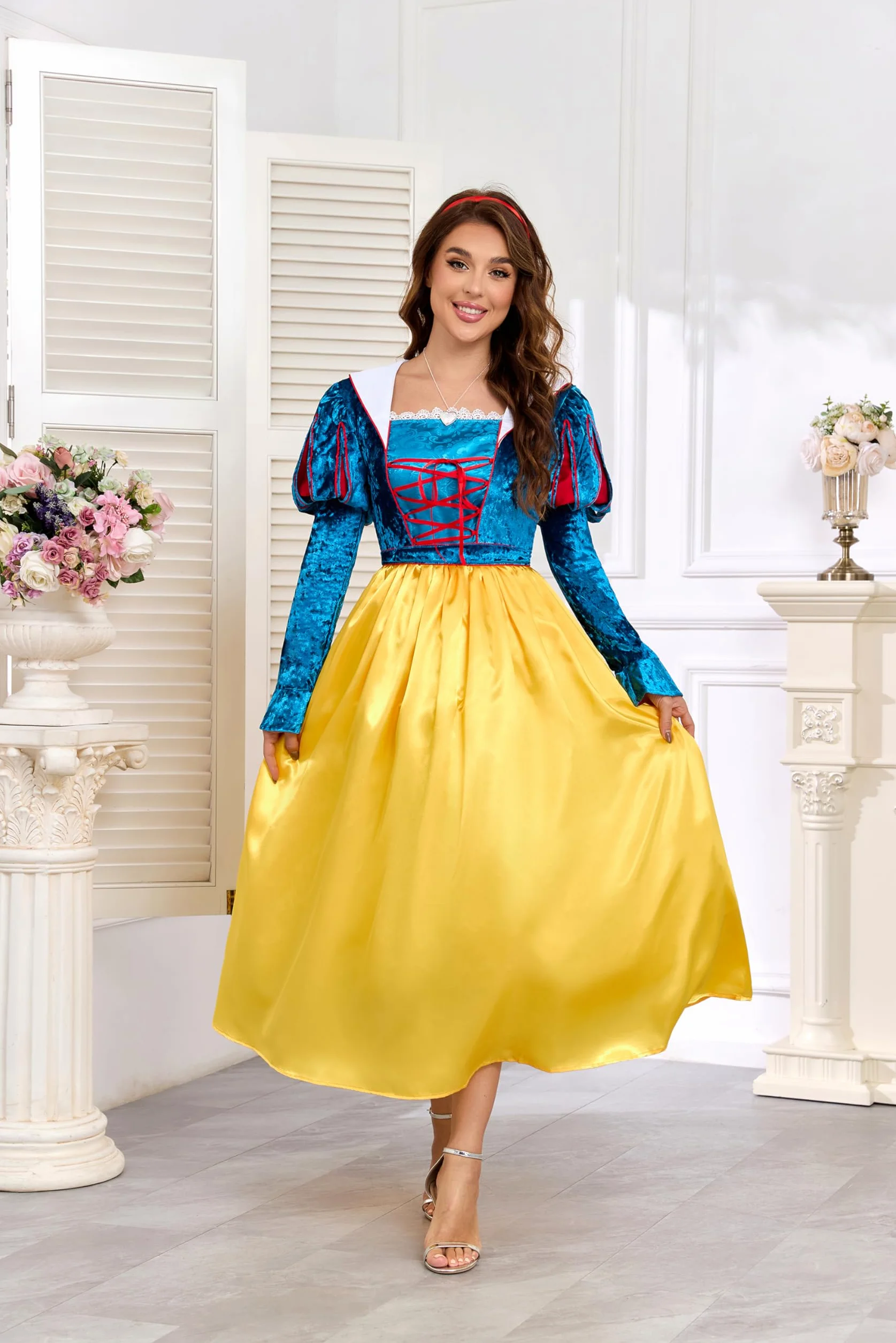 Disfraz de cuento de hadas para mujer, disfraz de Blancanieves con lazo rojo, diadema, capa, Halloween, carnaval, princesa
