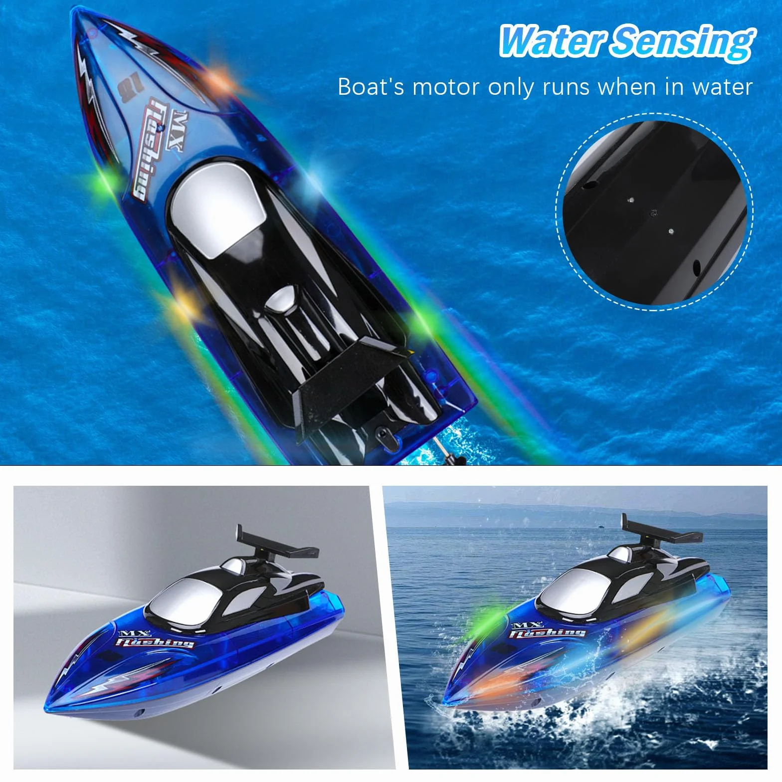 Barco RC para Niños con Luces LED, Control 2.4 GHz, 2 Baterías Recargables, Alarma de Batería Baja, Juguete Acuático para Piscinas y Lagos, Niños de 8 a 12 Años