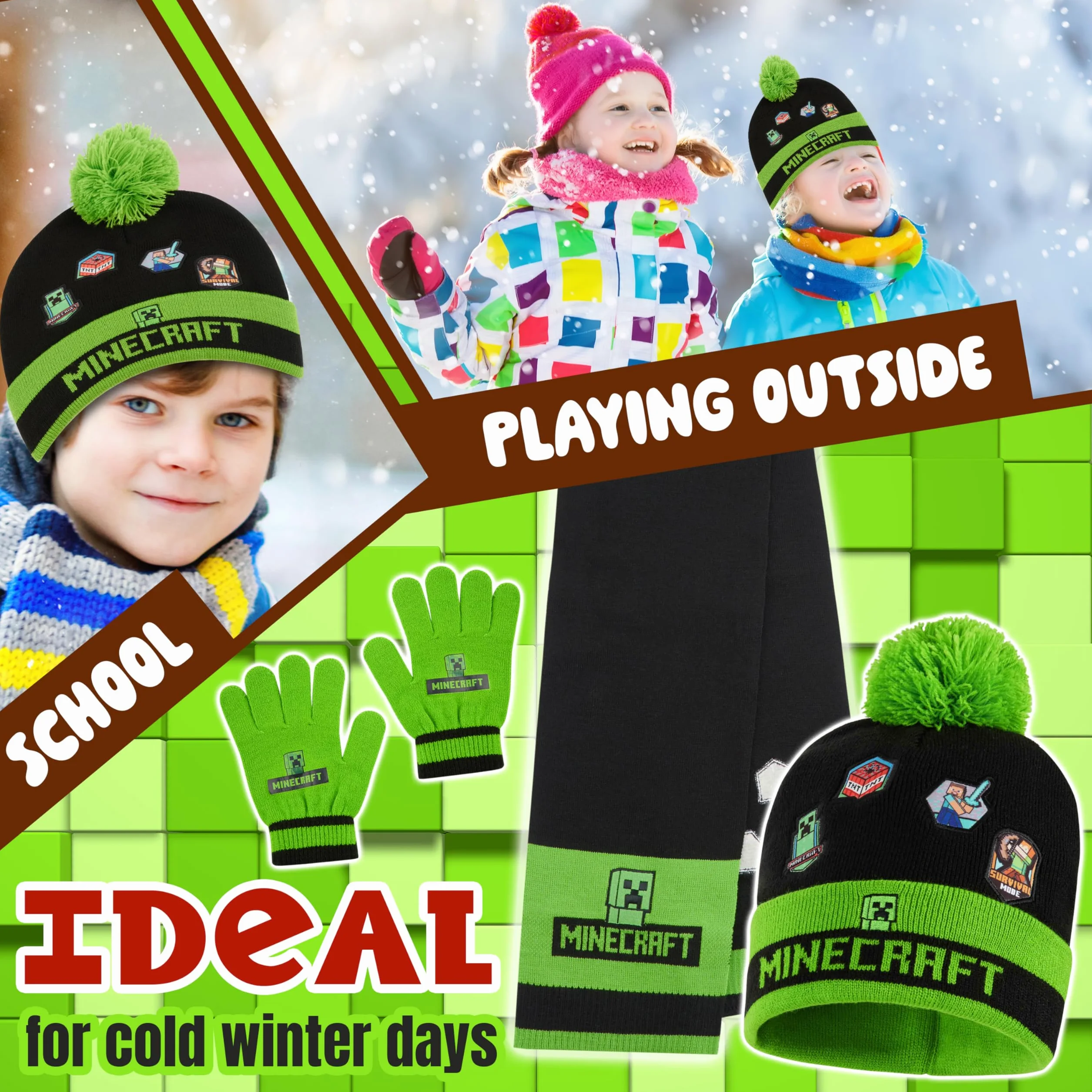 Minecraft Gorro Invierno Set 2-3 Piezas Gorro Pompón Guantes Bufanda Accesorios Regalos Niños
