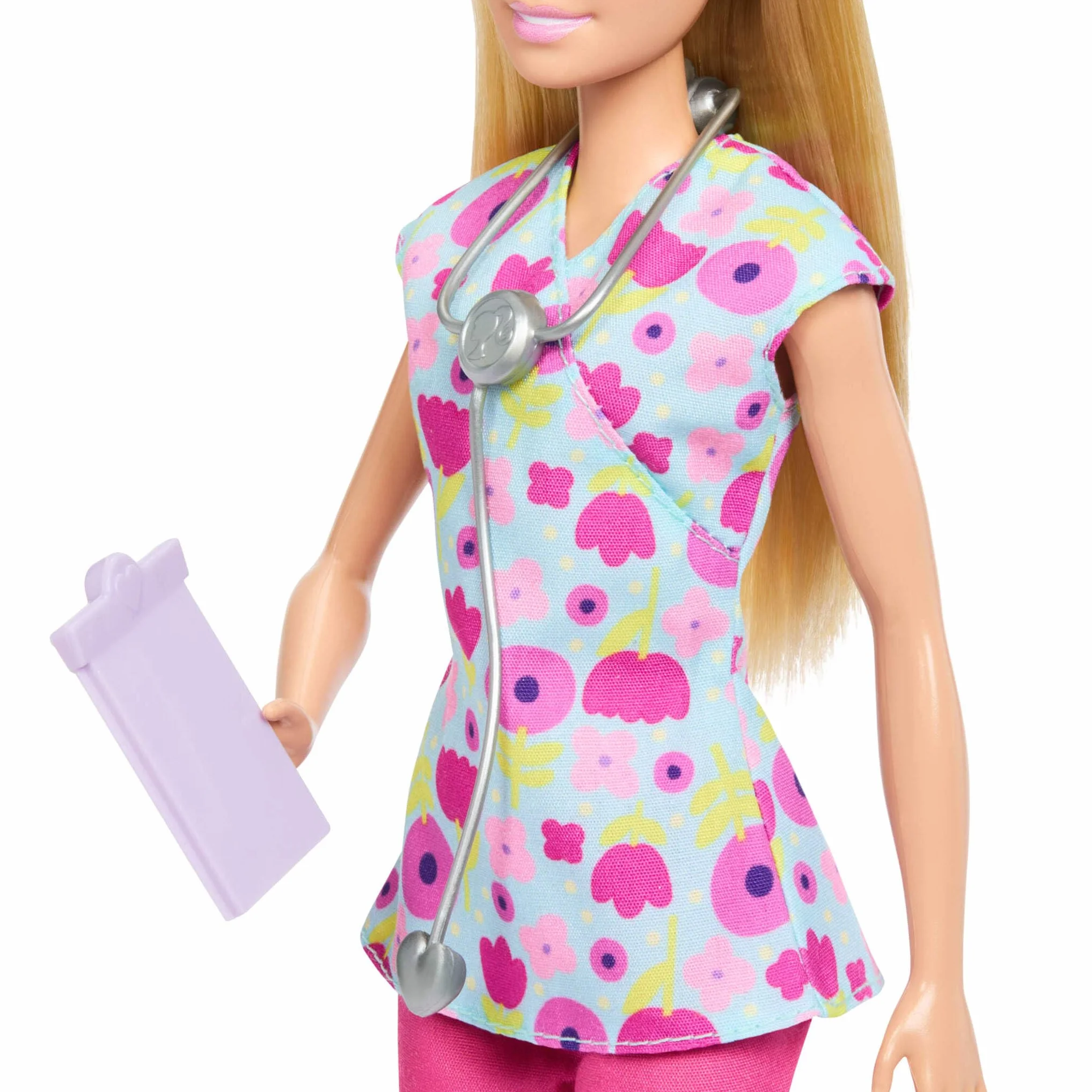 Barbie Profesiones Conjunto de muñeca pediatra con Pelo Rubio y Vestida con una Bata, 2 muñecos bebé, Mesa de reconocimiento y Accesorios, JMK12