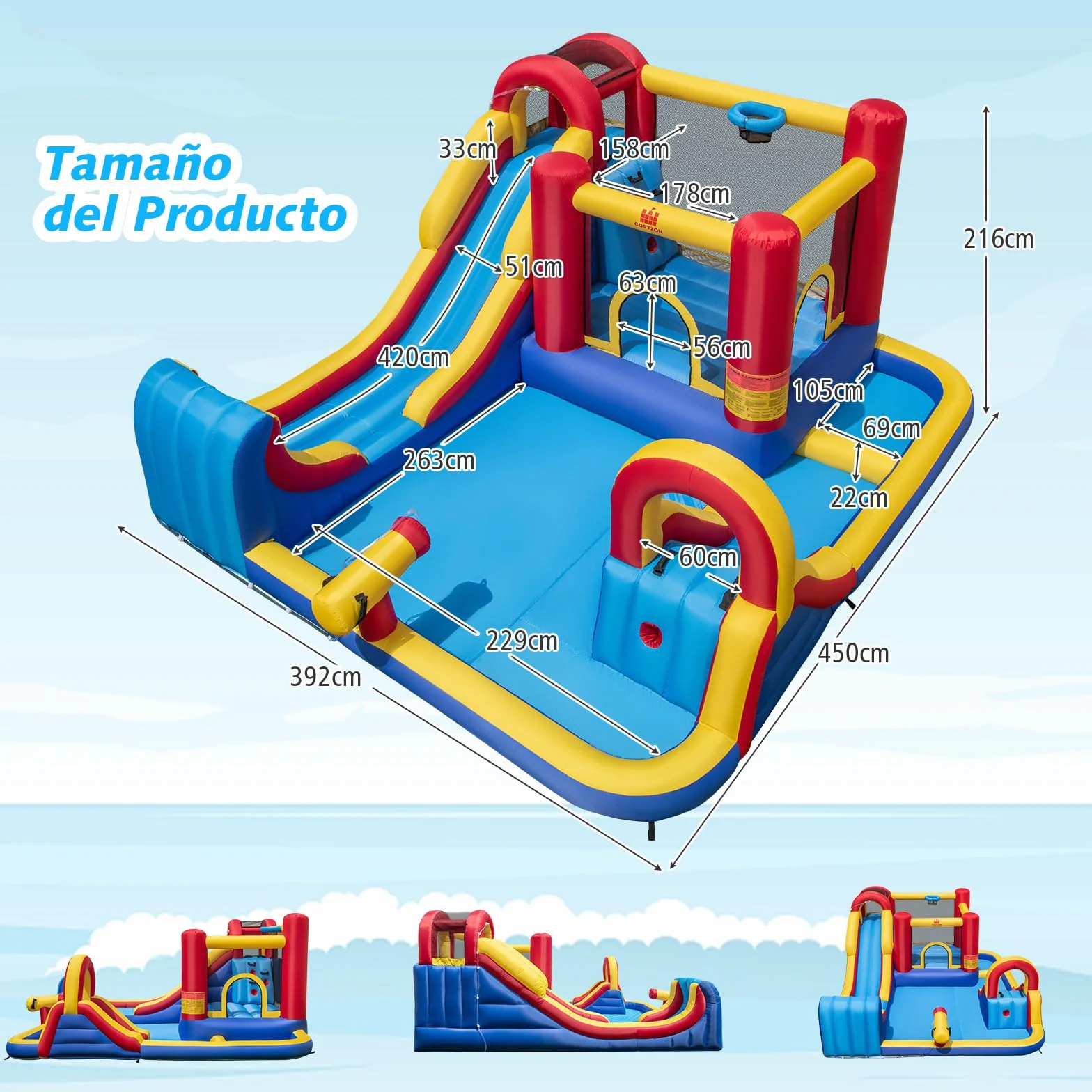 COSTWAY Castillo Hinchable Grande, Parque Acuático Infantil con Doble Tobogán, 2 Piscinas, Área de Salto y Aro de Baloncesto, 450 x 392 x 216 cm, para Jardín Patio, Multicolor (sin Soplador)