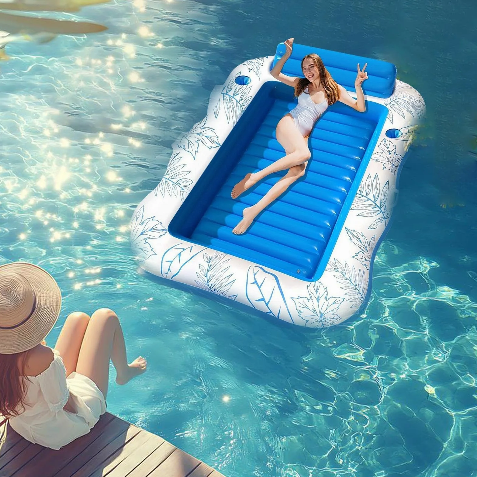 Flotador de piscina para adultos con portavasos, tumbona de natación inflable gruesa para lago de playa, respaldo de PVC a prueba de fugas, tapete de viaje portátil para relajación de vacaciones