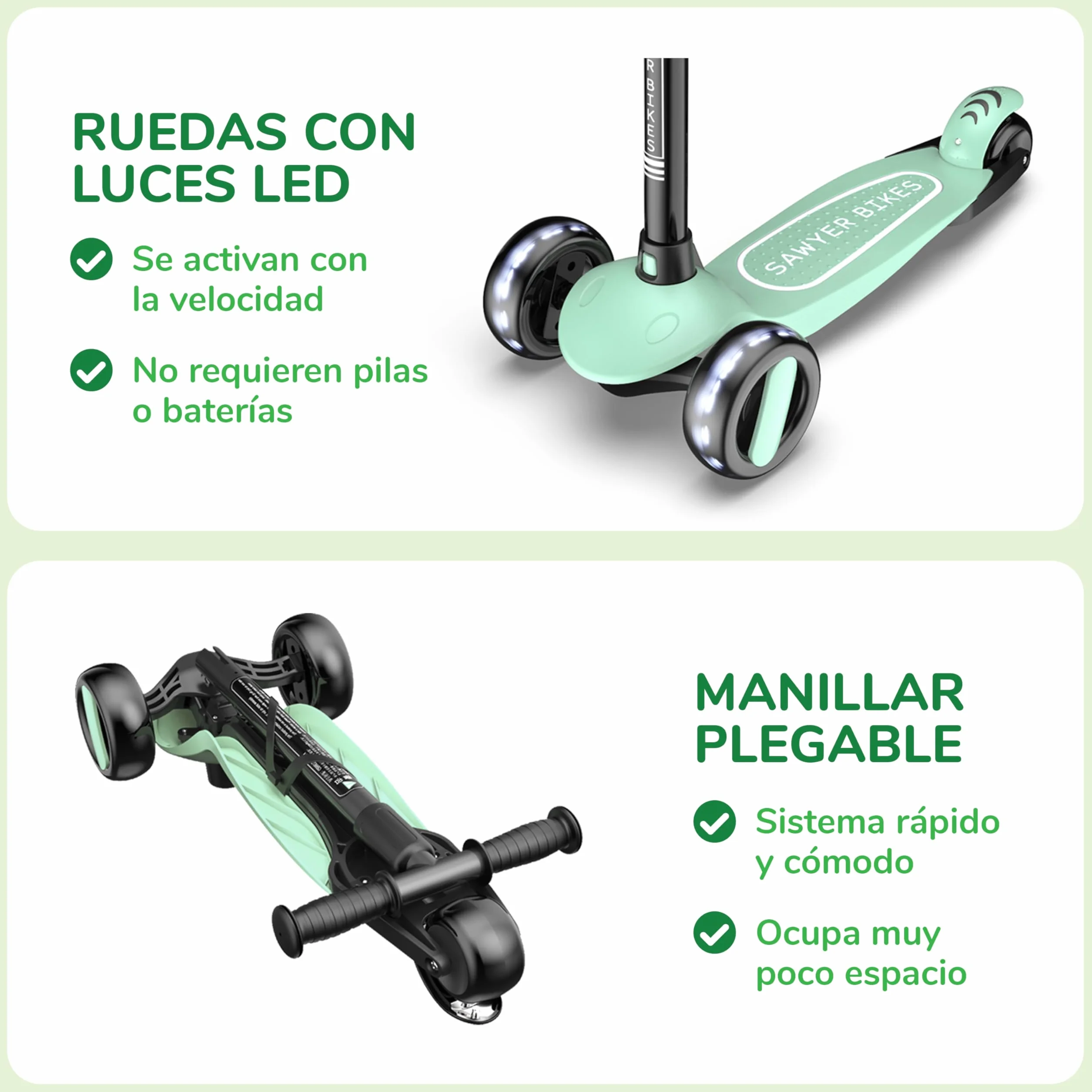 Sawyer Bikes - Patinete Ajustable Ruedas LED - Niños 2 a 8 Años