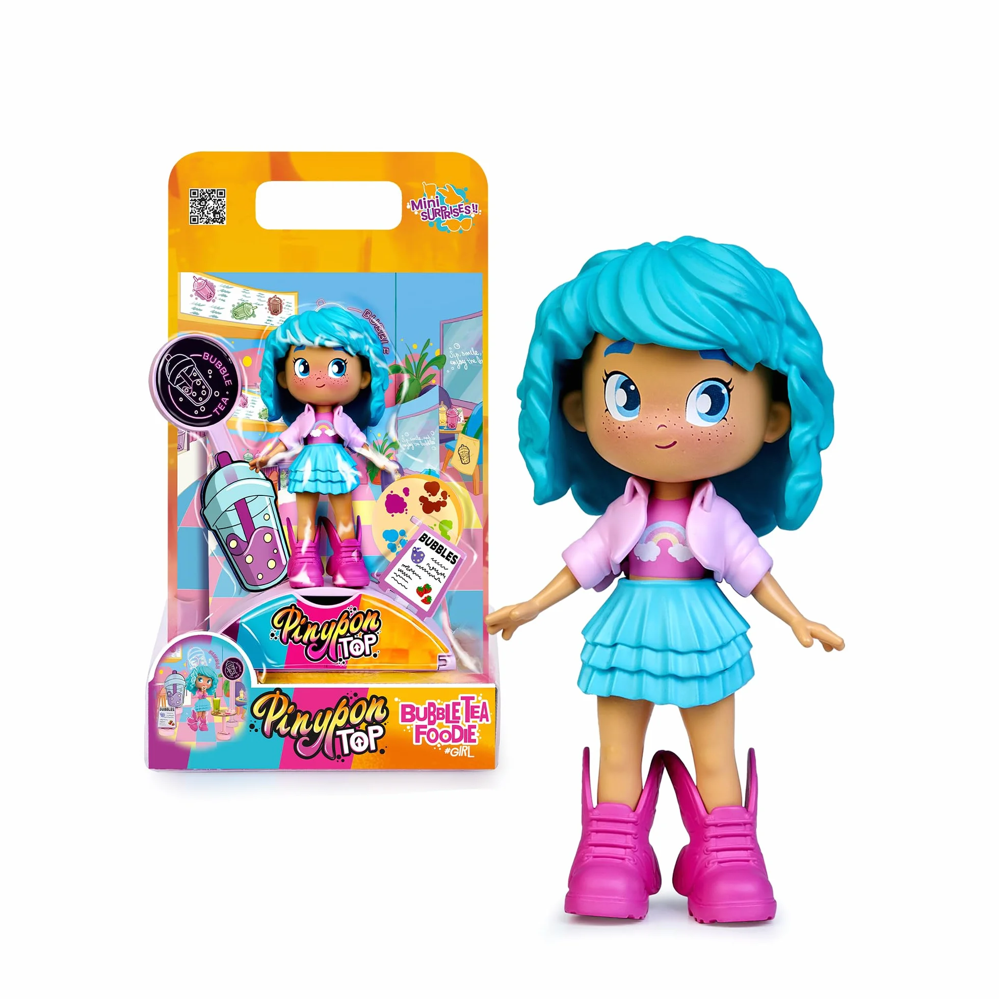 Pinypon TOP Bubble Tea Girl, Chica TOP con Temática Té de Burbujas, Figura Articulada de Brazos y Piernas, Doble Cara y Ropa y Zapatos Intercambiables, Sobre con Accesorios, +4 años, Famosa (PNN01300)