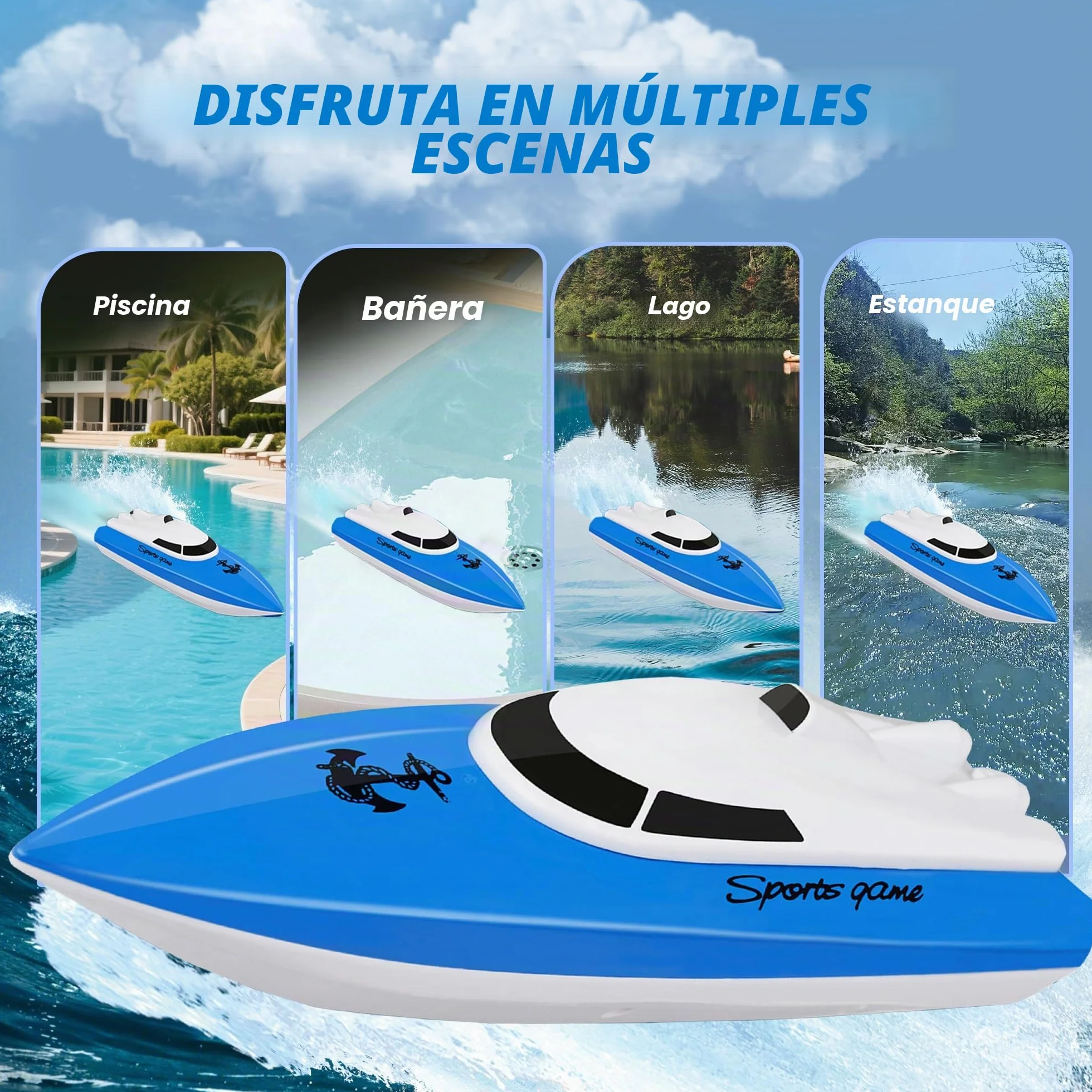 Barco Teledirigido para Niños,Más de 100 Minutos de Tiempo de Juego, 2,4 GHz de Alta Velocidad para Lago,Piscina o Estanque con Batería de 1800 mAh,Juguete Acuático de Regalo para Niños y Niñas(Azul)