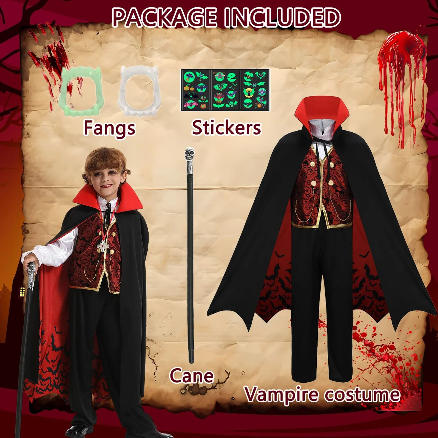 Disfraz de vampiro para niños, disfraz gótico de Halloween con accesorios de lujo, bastón que brilla en la oscuridad, dientes CA002XS