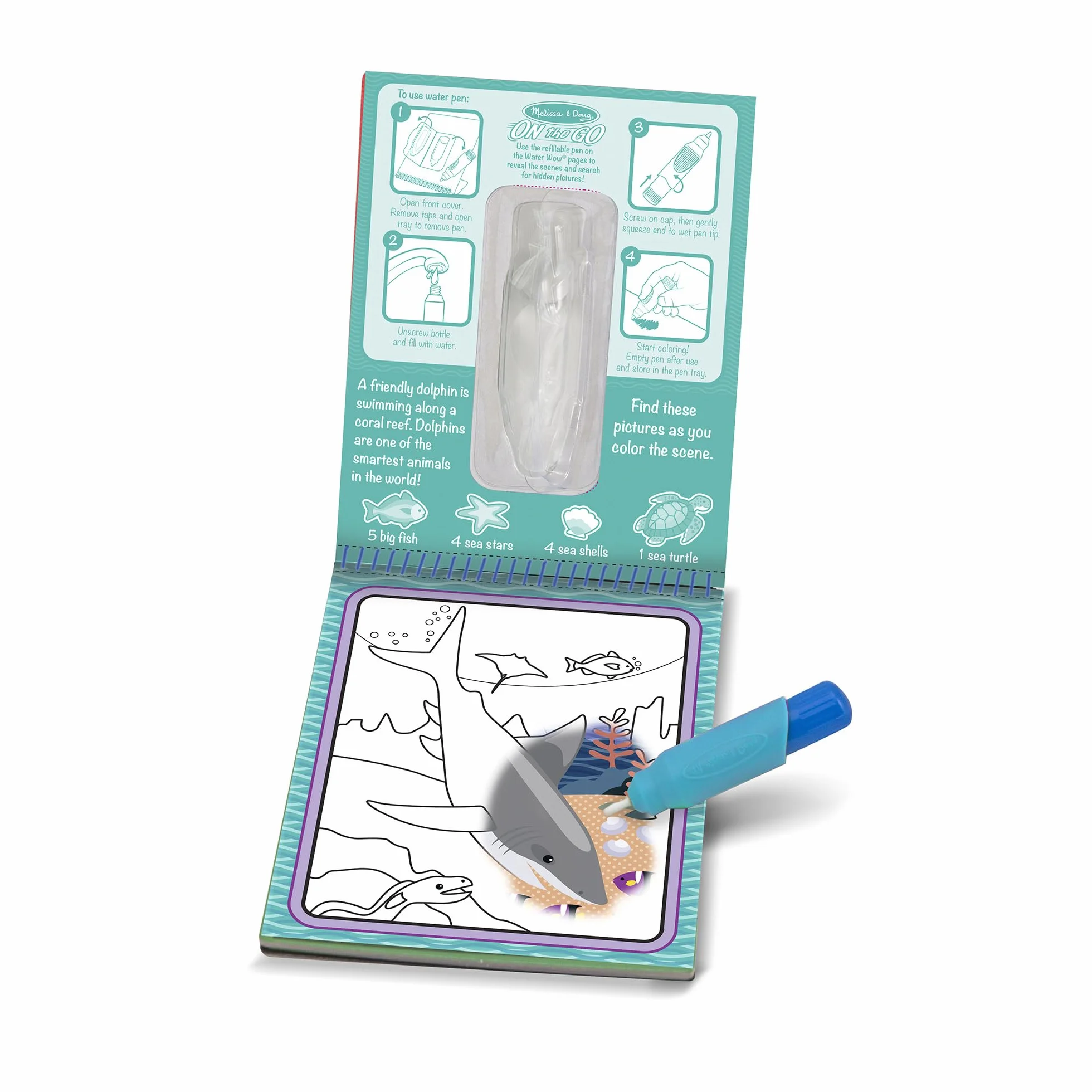 Melissa & Doug - Water Wow! Mundo Submarino: Tablero y Bolígrafo de Agua Reutilizables, 4 Páginas Reutilizables para Pintar con Agua - Manualidades Niños - Regalo Niño 3 años + - Certificados FSC