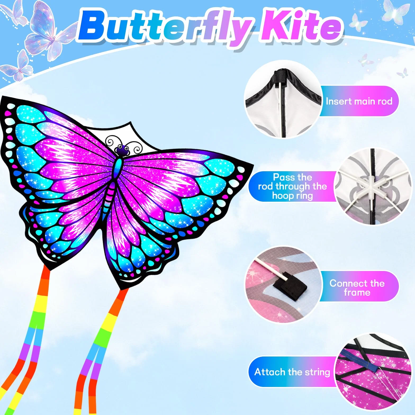 Gran Cometa de Mariposa, Fácil Volar y Montar, Cometas para Niños con Ola Larga para Niños y Adultos Principiantes, para Playa, Viaje, Juegos al Aire Libre