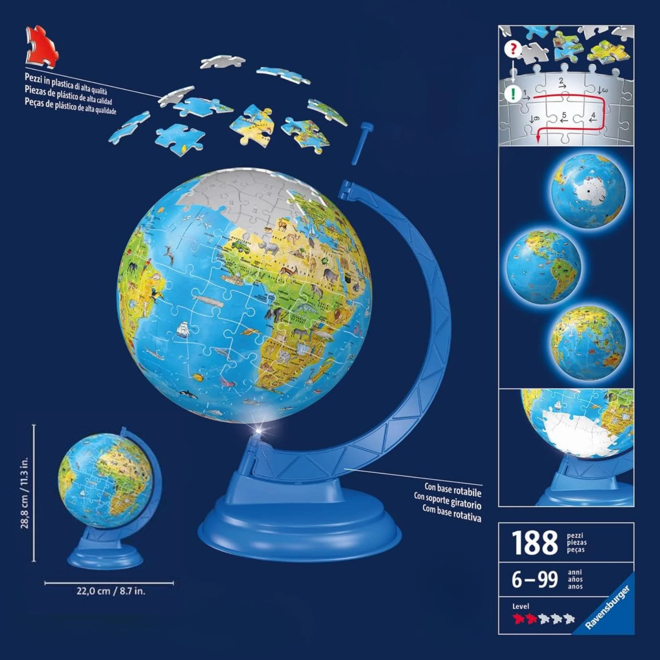 Ravensburger Puzzle 3D Globo Terráqueo con Luz | 180 Piezas | Maquetas para Montar | Regalos Niños 6 Años