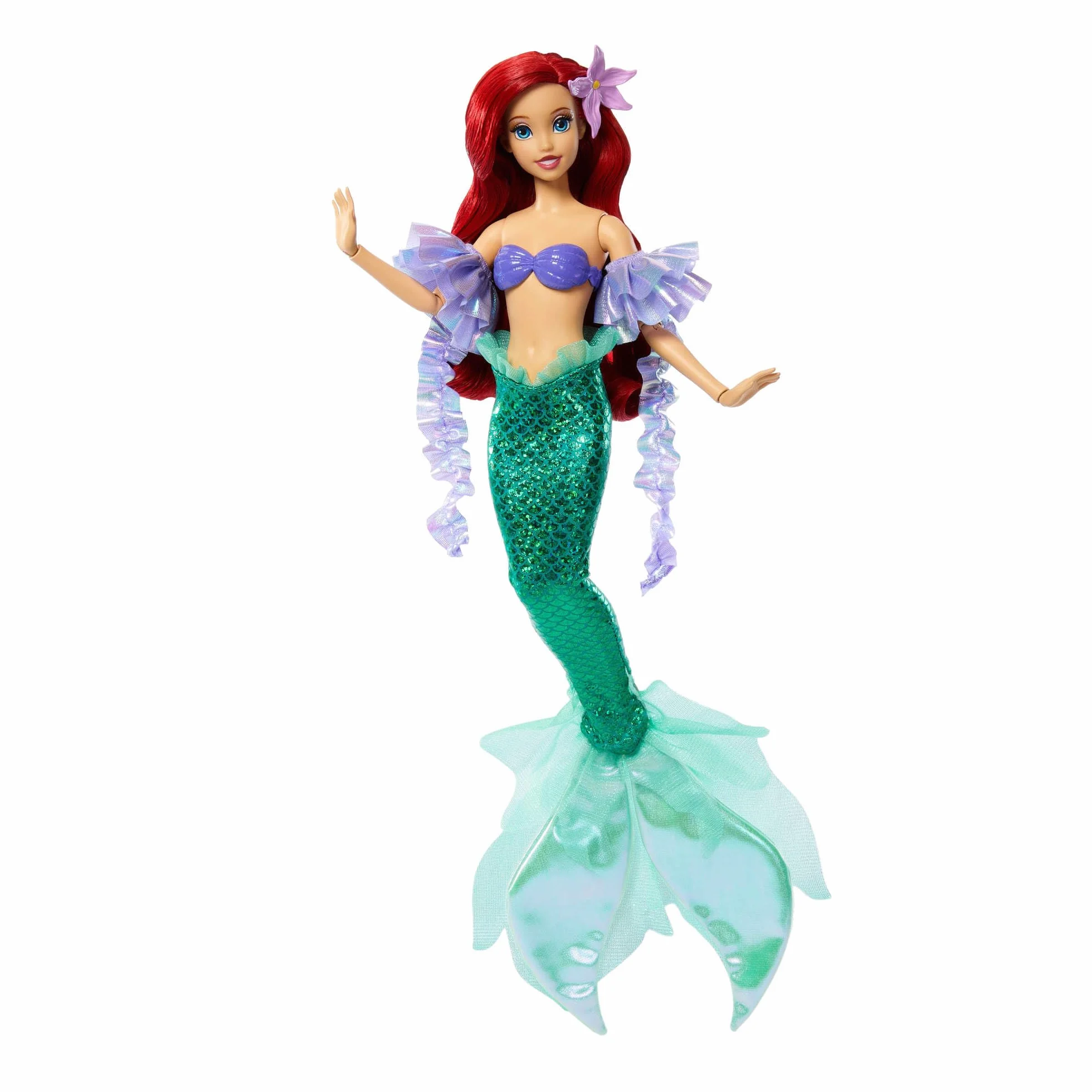 Mattel Disney Princesas Sparkling Princess Ariel Muñeca y Accesorio con Cola extraíble, Mangas y Pasador para el Pelo con Flor, Inspirada en la película, JLK25