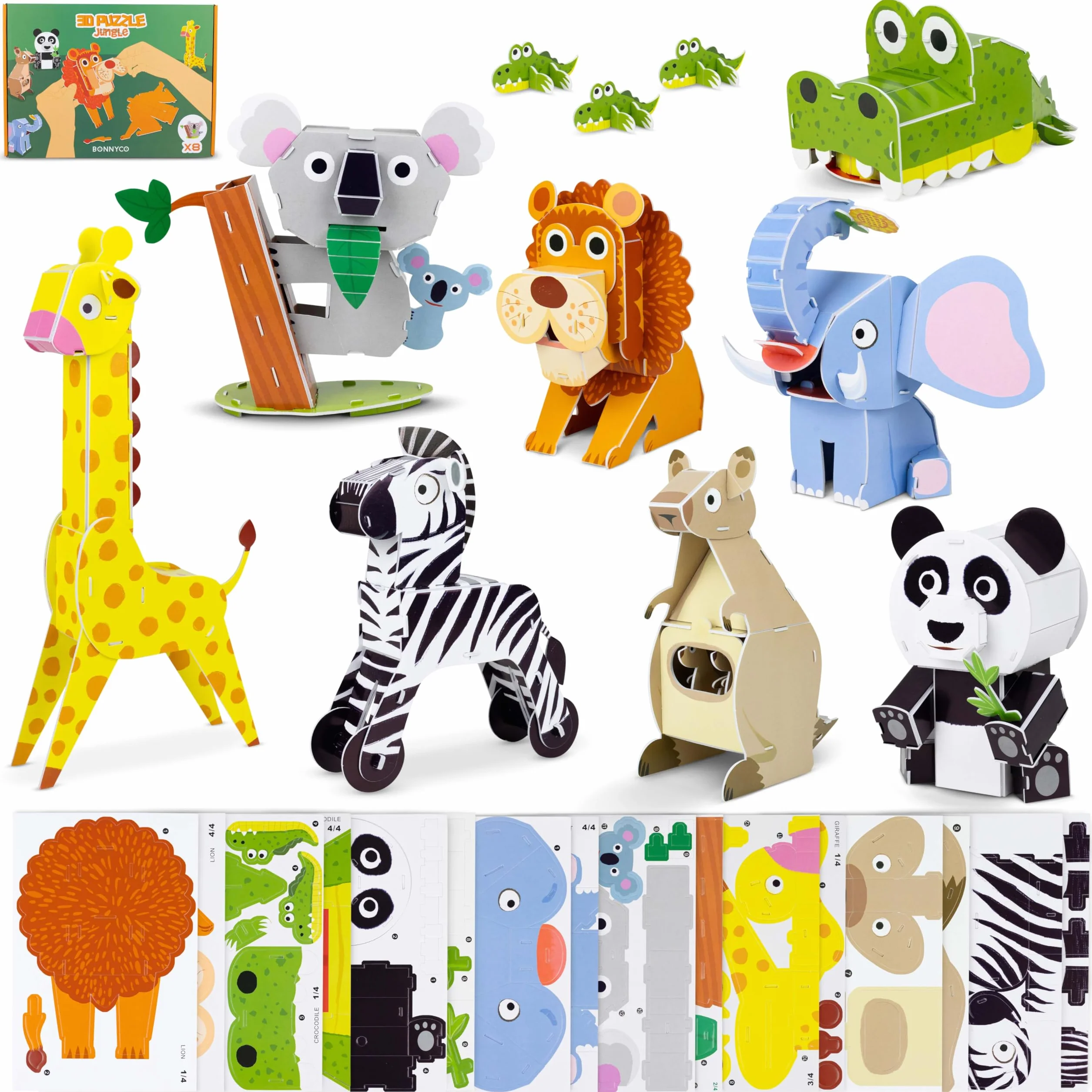 BONNYCO Puzzle 3D Animales de la Jungla, Pack 8 Rompecabezas Infantil para Niños 6-10 Años