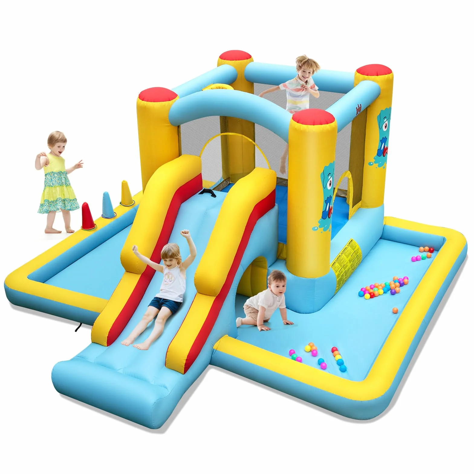 COSTWAY Castillo Hinchable 7 en 1, Grande, 394 x 389 x 194 cm, Niños 3 a 10 Años, Interior Exterior