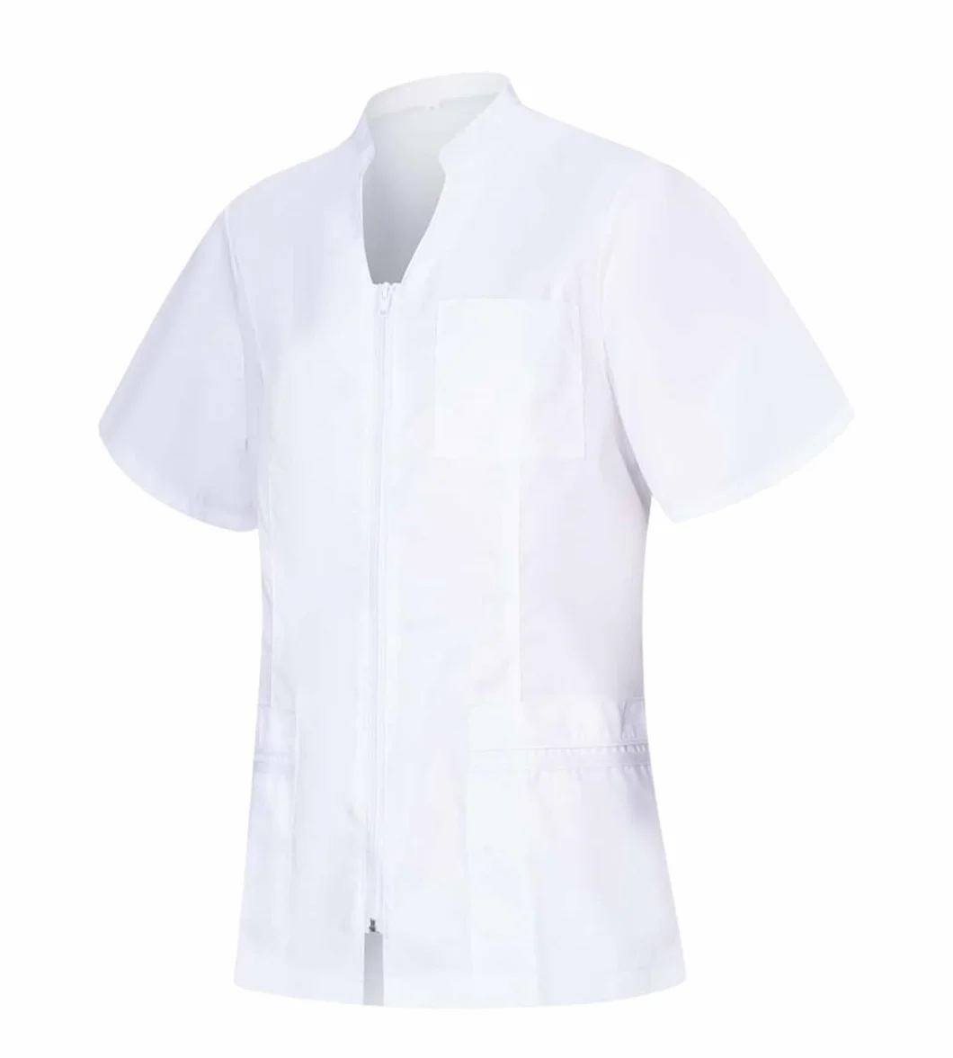 Casaca Sanitaria Mujer Cierre Cremallera Central Cuello Tirilla Manga Corta Entallada Transpirable Uniforme Profesional Serie 702