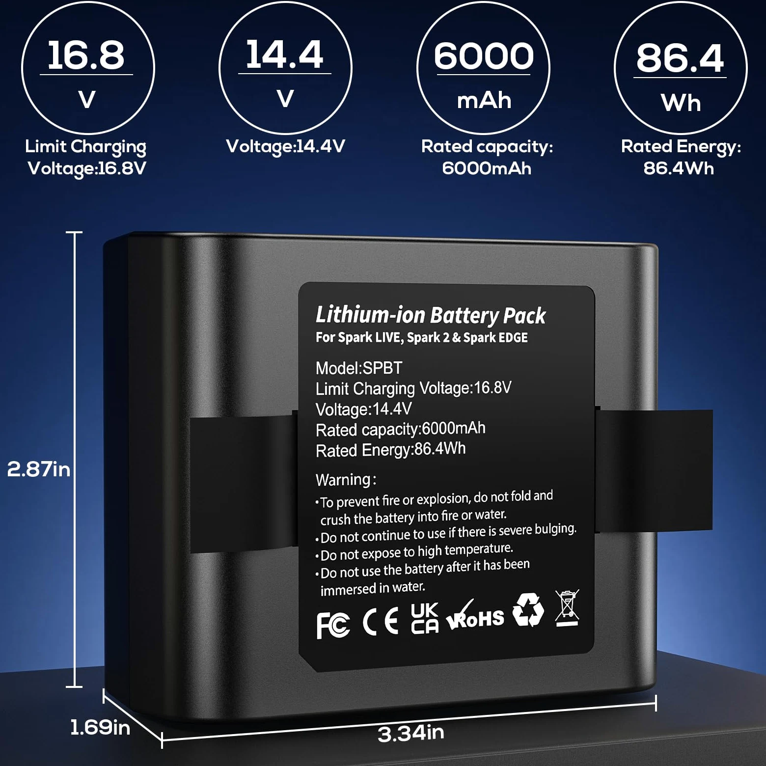 Batería de repuesto de iones de litio de 6000 mAh compatible con Spark Live, Spark 2 y Spark Edge, batería recargable que prolonga el tiempo de fiesta, 86,4 Wh
