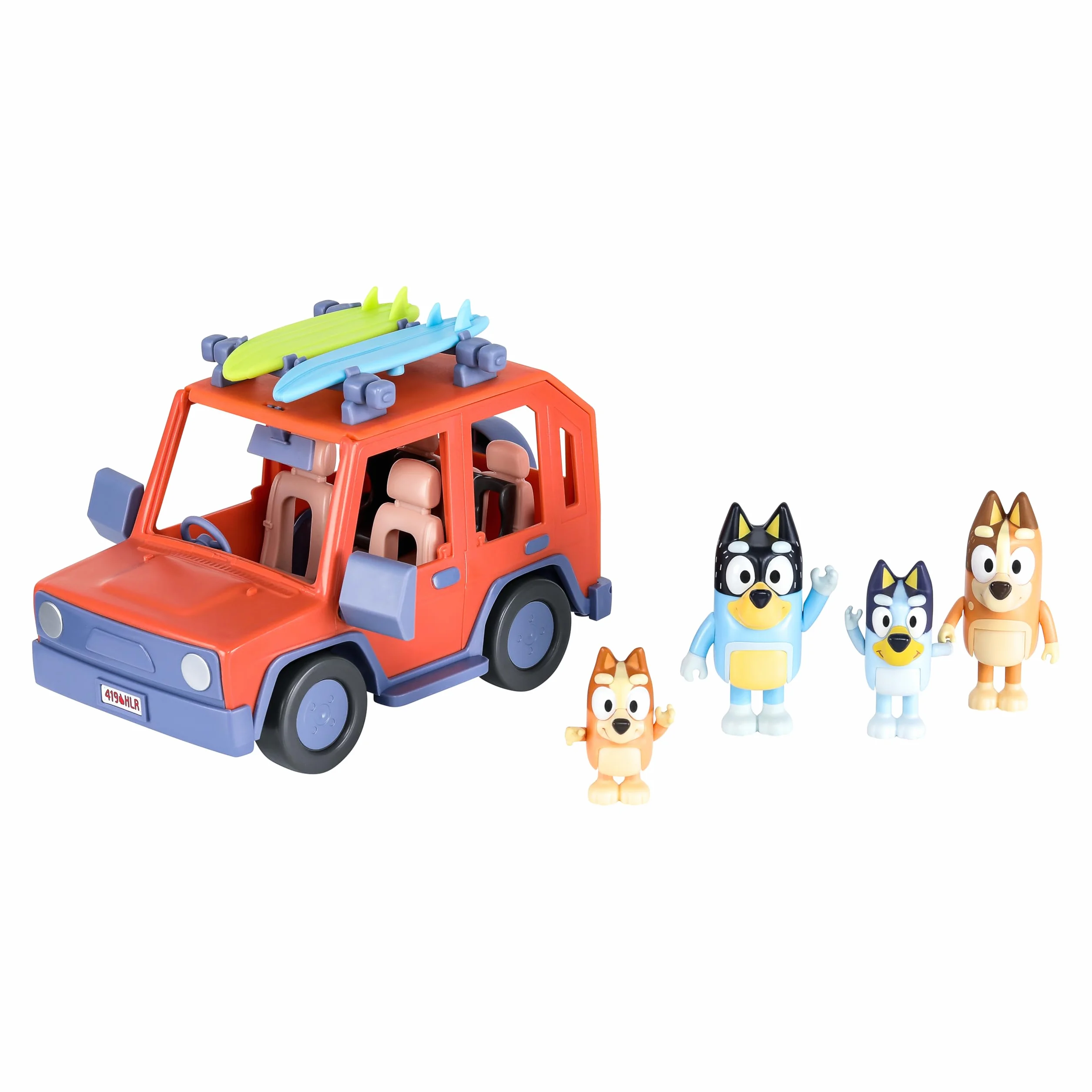 Bluey Pack del Todoterreno Familiar de los Heeler y 4 Figuras, Figuras de 6,3 cm, 2 Tablas de Surf y Pegatinas