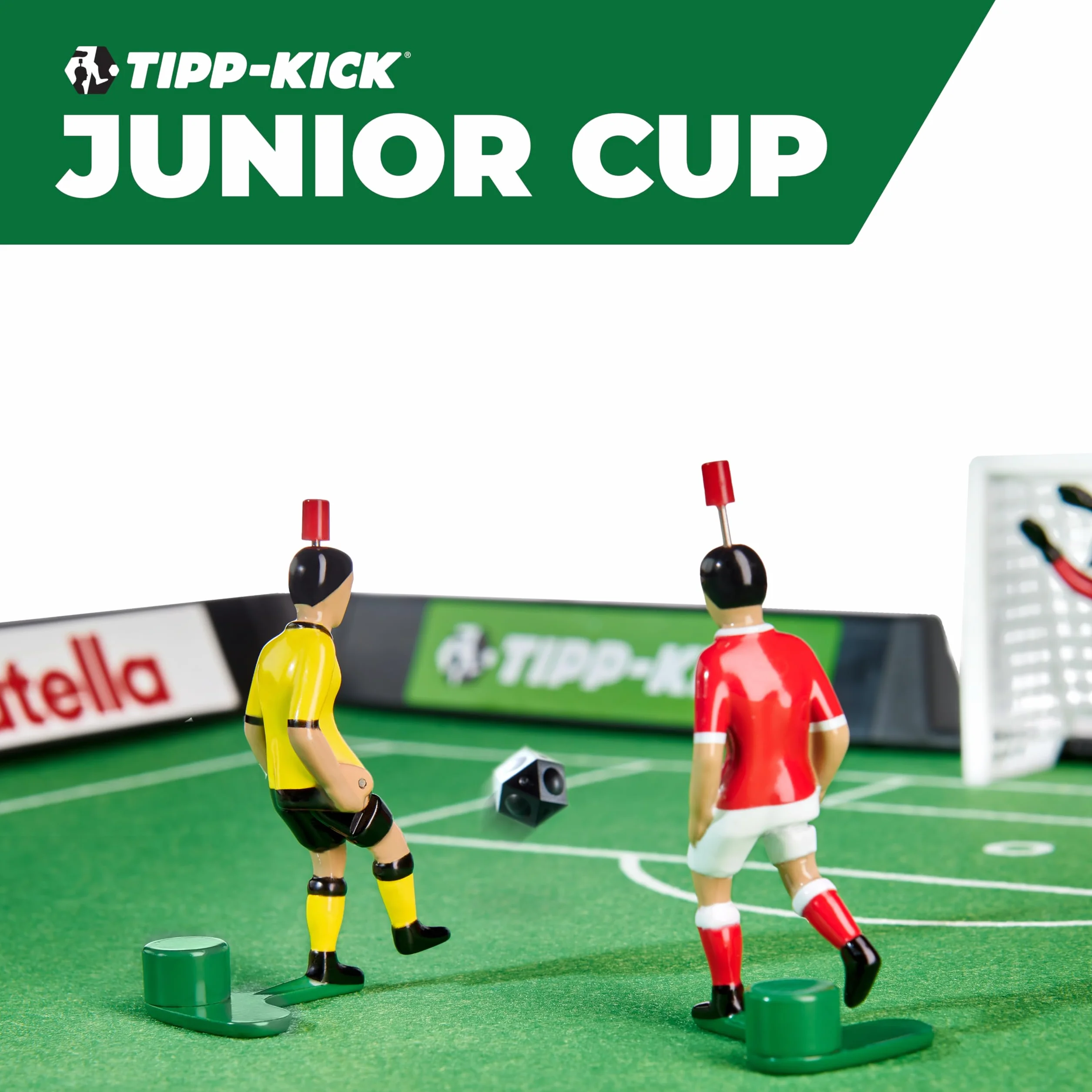 TIPP-KICK Junior Cup con Borde 82x56 cm – Futbolín Listo para Jugar con 2X Jugadores, 2X guardametas, 2X porterías de plástico, 2X balones I Terreno de Juego Hecho de Fieltro