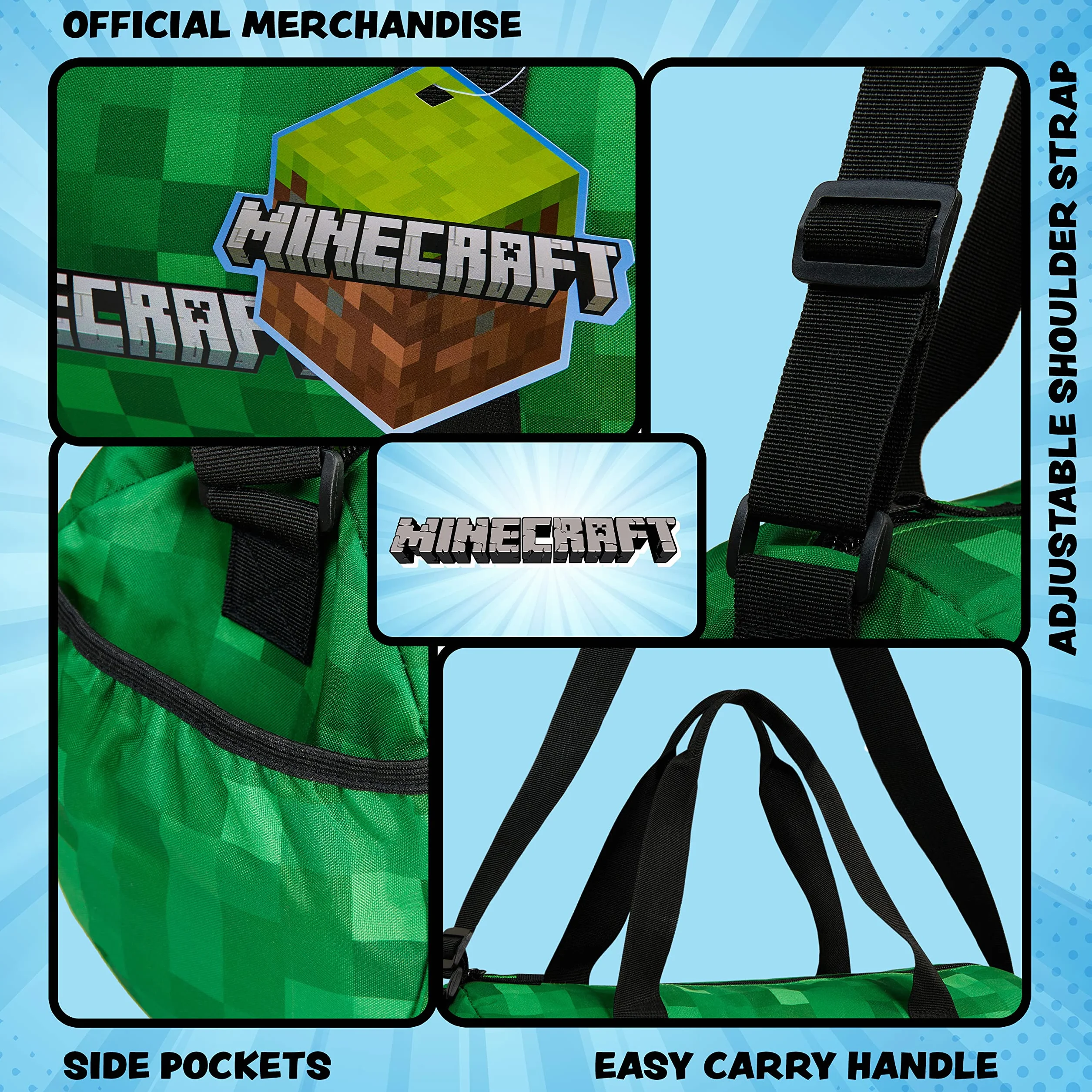 Minecraft Bolsa Deporte Niño Viaje Infantil Piscina Correas Ajustables Gimnasio Regalos 41x18x19cm Verde