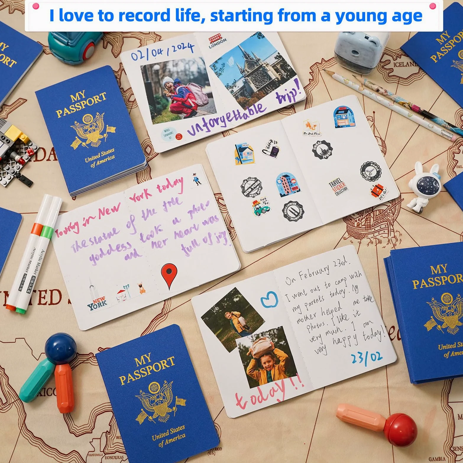 XIISVINT 100 Piezas Cuadernos de Pasaporte en Blanco Libro de Pasaporte Azul Pasaporte Falso Diario de Viaje Libro de Colección de Pegatinas para Niños Proyectos Escolares Viajes por el Mundo