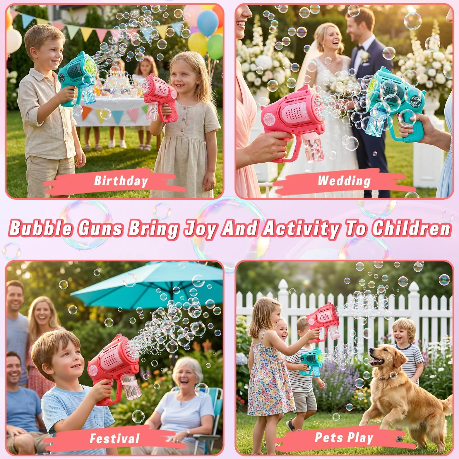 2 Piezas Pistolas de Burbujas para Niños, pompas de jabon niños con 2 x 100ml Solución de Recarga de Burbujas e Lámpara LED, Juguete de Verano para Actividades al Aire Libre, Fiestas y Bodas