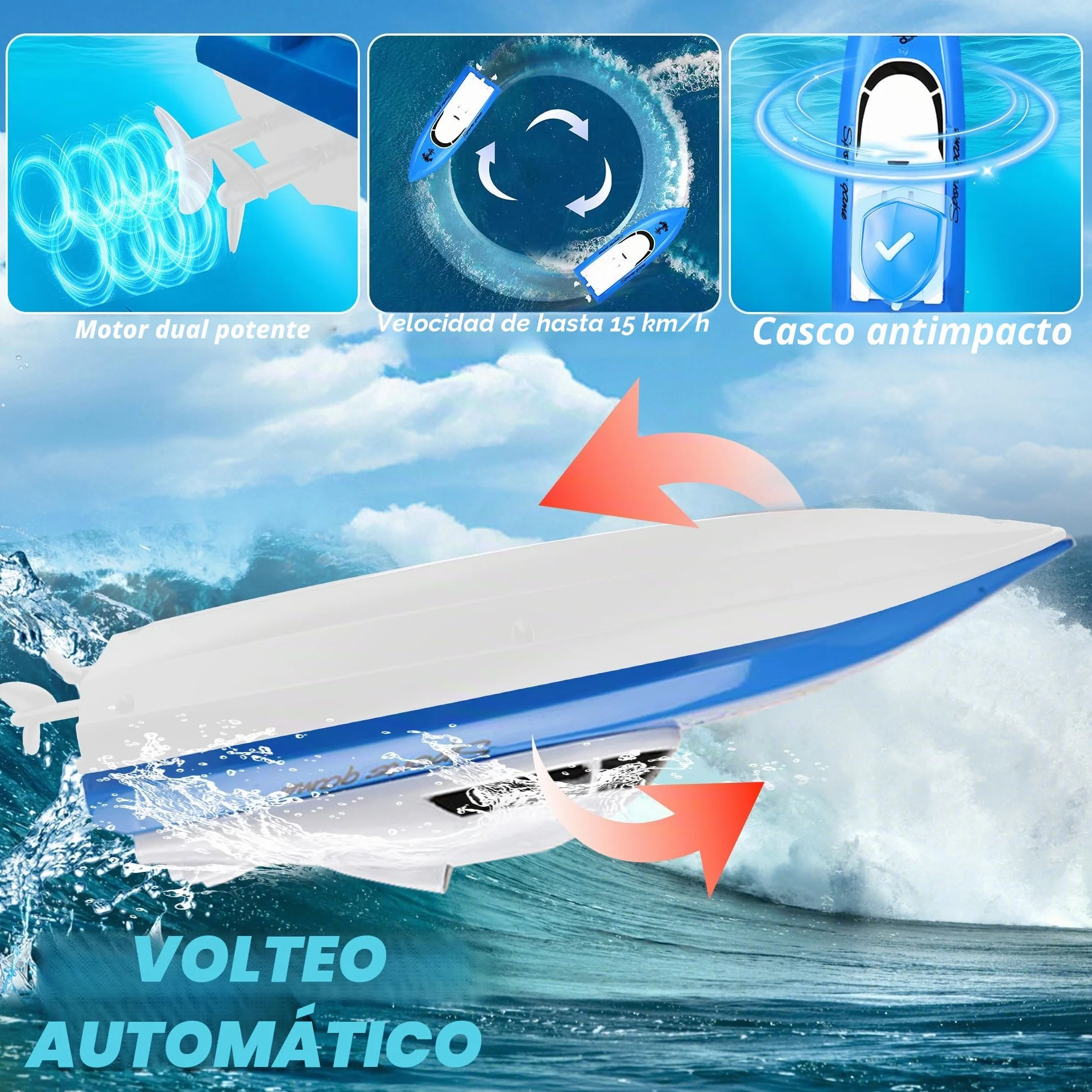 Barco Teledirigido para Niños,Más de 100 Minutos de Tiempo de Juego, 2,4 GHz de Alta Velocidad para Lago,Piscina o Estanque con Batería de 1800 mAh,Juguete Acuático de Regalo para Niños y Niñas(Azul)