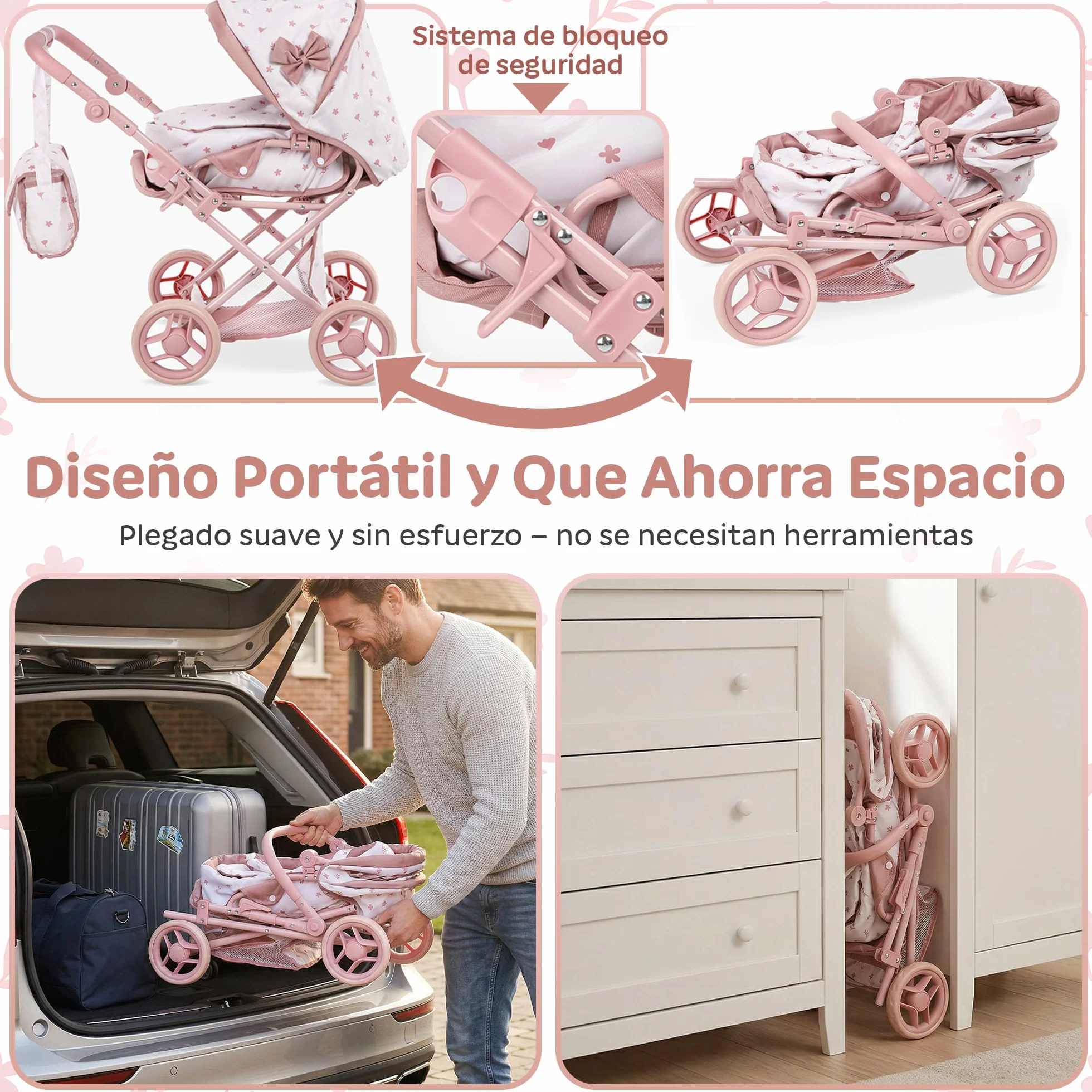 Kinderplay Cochecito de muñecas 3 en 1 Rosa con Bolsa de Transporte – Cochecito de muñeca Ajustable de 36,5 – 64 cm, Plegable, Ruedas de Espuma silenciosas, para muñecas de hasta 40 cm, a Partir de 3