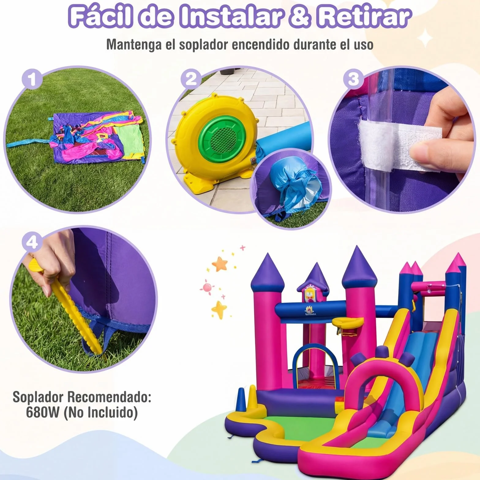 COSTWAY Castillo Hinchable para Niños, Parque Infantil Acuático Tema de Princesas con Tobogán Largo, Canasta de Baloncesto, insuflavel criança para Niños, Jardín, Césped, 460x290x245 cm (sin Soplador)