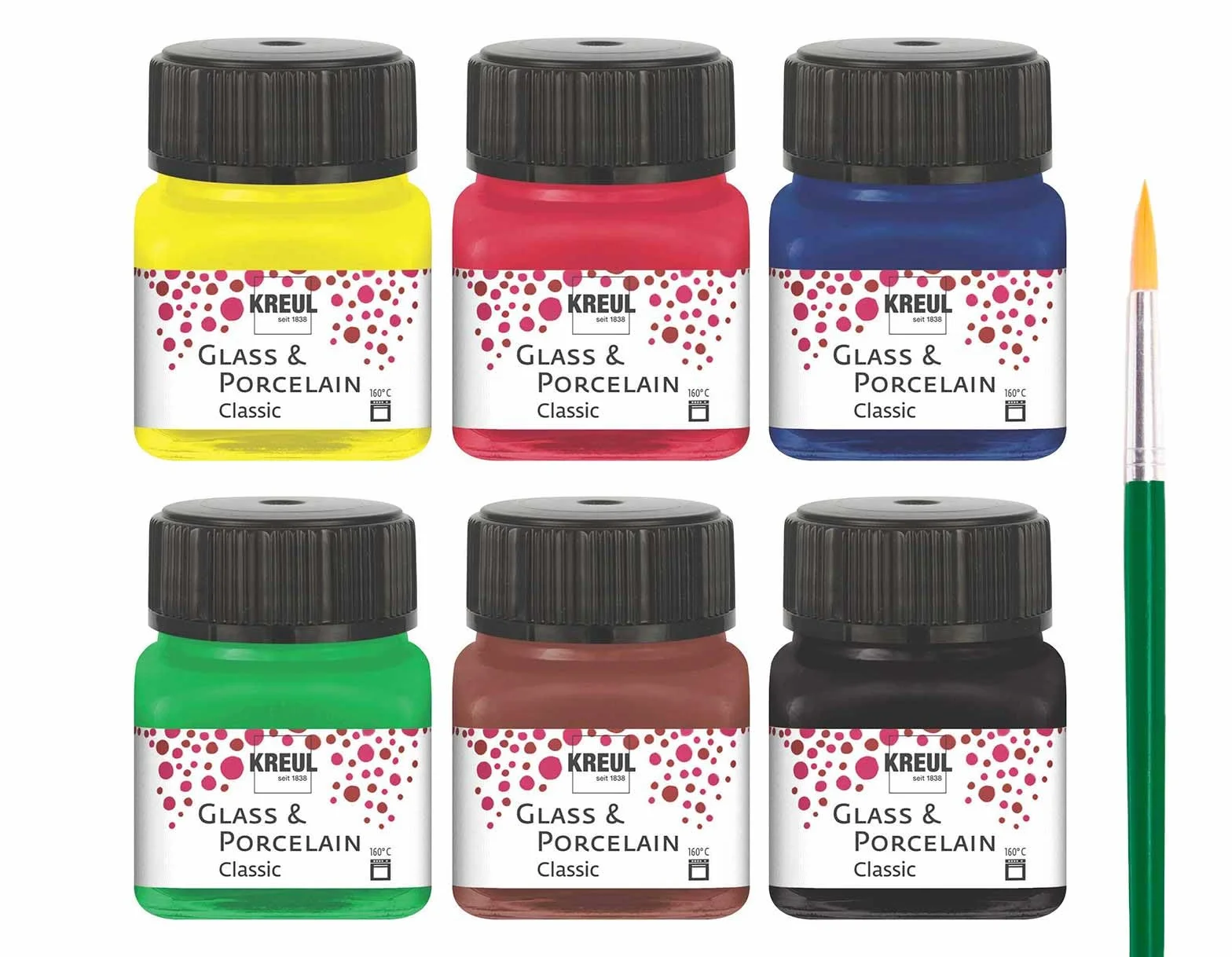 KREUL 16600 - Glass & Porcelain Classic Juego de 6 botes de pintura clásica de vidrio y porcelana de 20 ml con 1 pincel Pintura opaca y brillante a base de agua