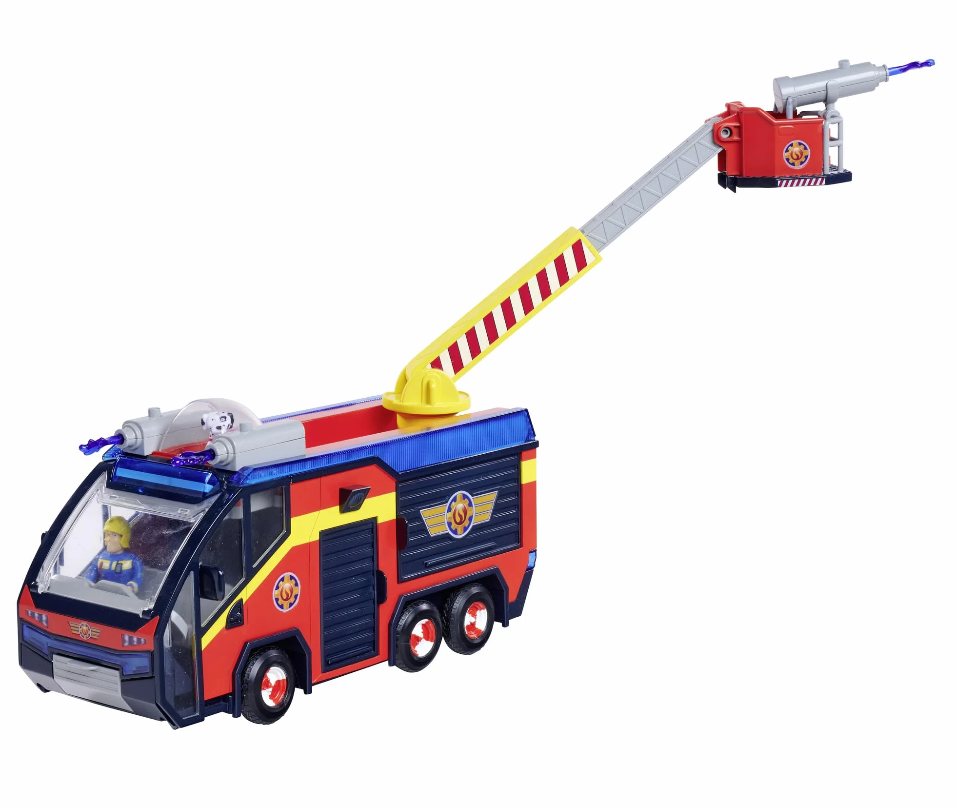 Simba 109252595 Figura de Júpiter Bombero, camión de Bomberos, Sam y Radar, Efectos de luz, Sirena, Escalera giratoria, Flechas de Agua, Plataforma para Quad, 32 cm, Accesorios, a Partir de 3 años