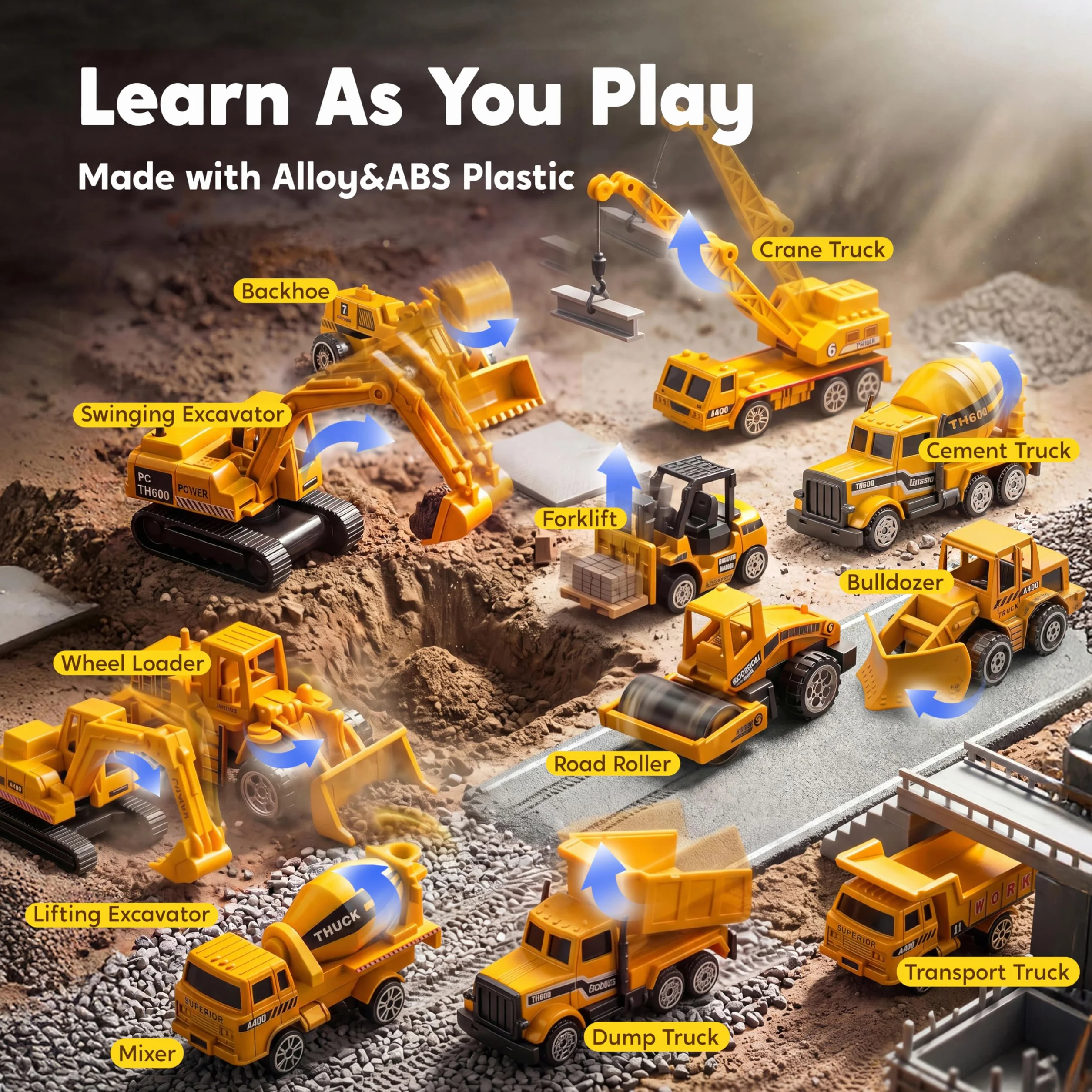 JOYIN 25 en 1 Juego de Juguetes camión de construcción fundidos a presión (Incluye Tractor Excavadora transportadora) con Sonidos y Luces, Regalos de cumpleaños para niños a Partir de 3 años