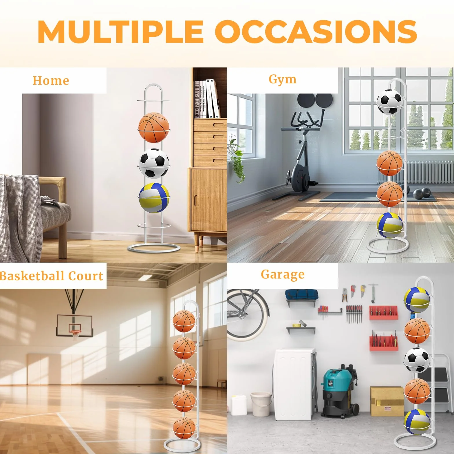 LURICO Soporte de bola vertical de 5 niveles, estante de almacenamiento para baloncesto, fútbol y voleibol (blanco)